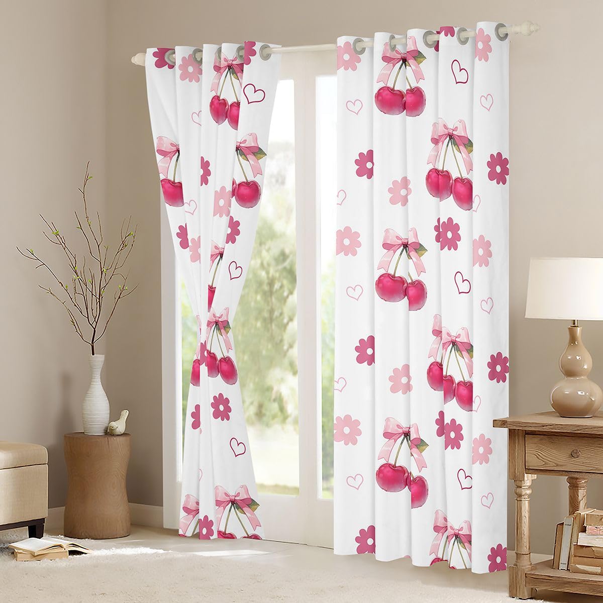 Homewish Dziewczęca kokardka księżniczka wiśniowo-różowe zasłony okienne 132 x 160 cm 2 zestawy paneli - miłosne serca zasłony zaciemniające urocza wstążka kokarda marzycielskie dekoracje okienne