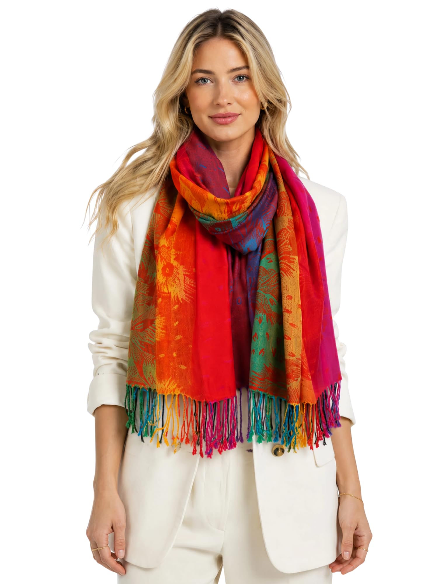 Women Pashmina Scarf Shawl Wrap - Large Long Paisley Floral Rainbow Ladies Scarves, Wearable Blanket Scarf, Womens Winter Scarfs, Indian Shawl Wedding Evening Stole (Rainbow Feather: Orange)