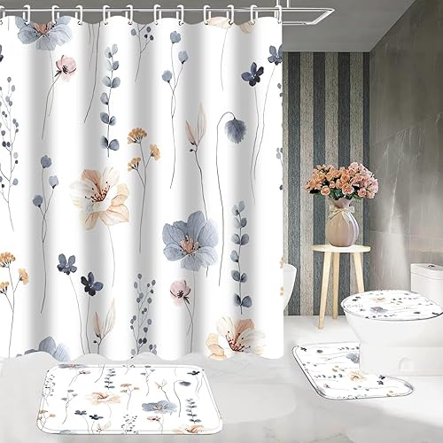 Miniatura 3 de DDQQ Juego de 4 cortinas de ducha de flores de acuarela con alfombras antideslizantes, cubierta para tapa de inodoro y tapete de baño, cortina de