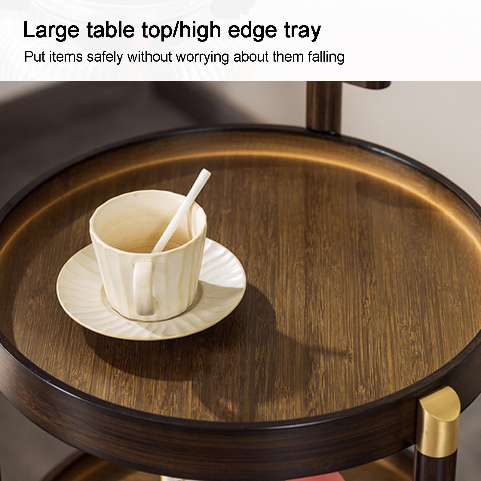 Mesa auxiliar giratoria con asa, bandeja redonda de 2 capas y unidad de estantería, carrito de almacenamiento móvil para dormitorio, sala de estar, cocina y baño