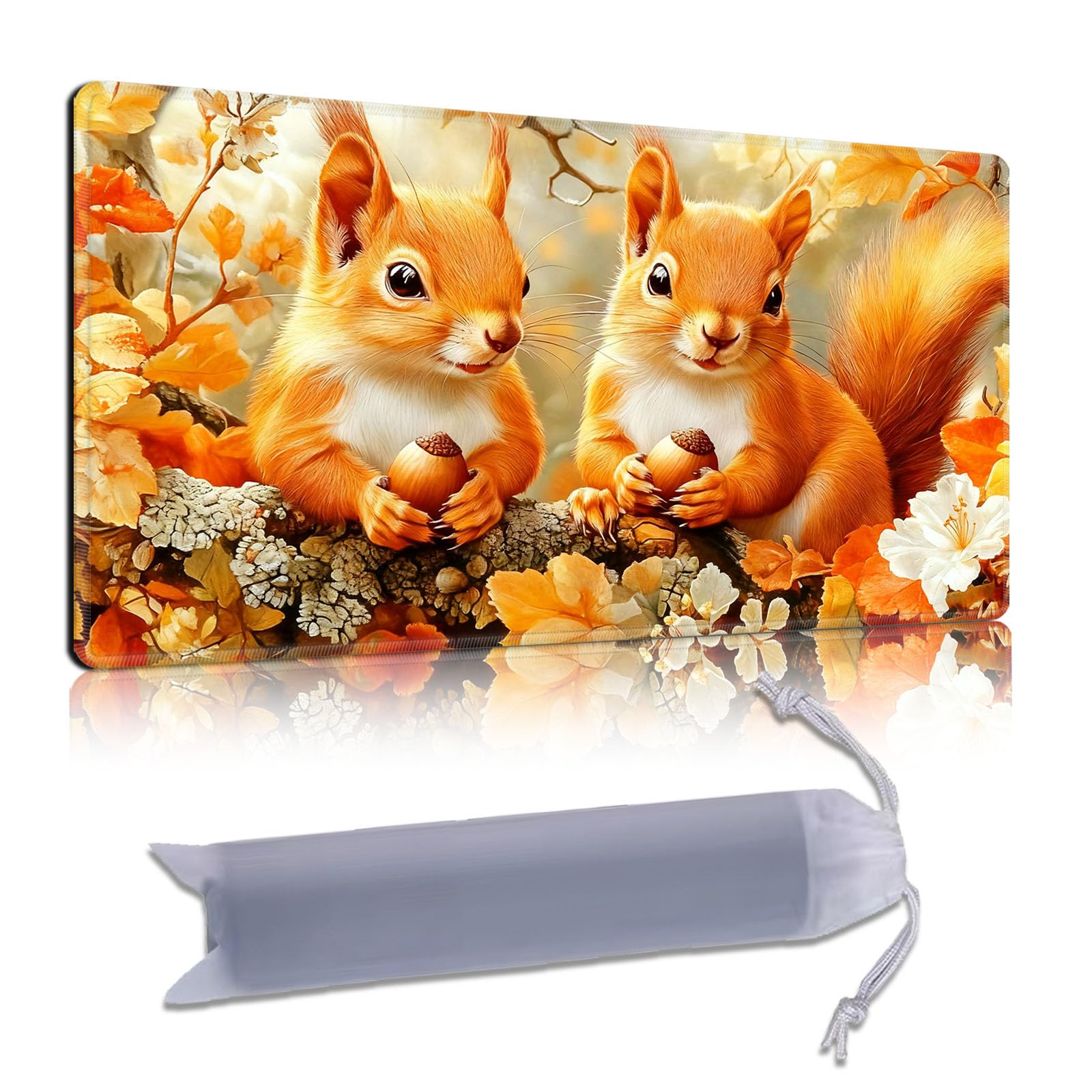 DISUOFEART Playmat for MTG & Magic: The Gathering, 28x16 inch Non-Slip TCG Game Mat for Commander, Squirrels with Acorns in Autumn Leaves Card Game Table Mat