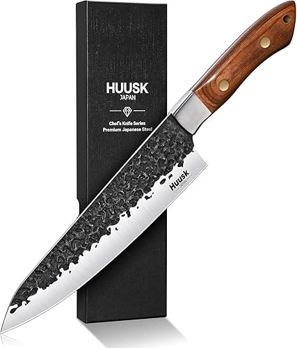 Huusk Cuchillo de chef japonés de 8 pulgadas, cuchillos de cocina forjados a mano con mango ergonómico de espiga completa, cuchillo de cocina de