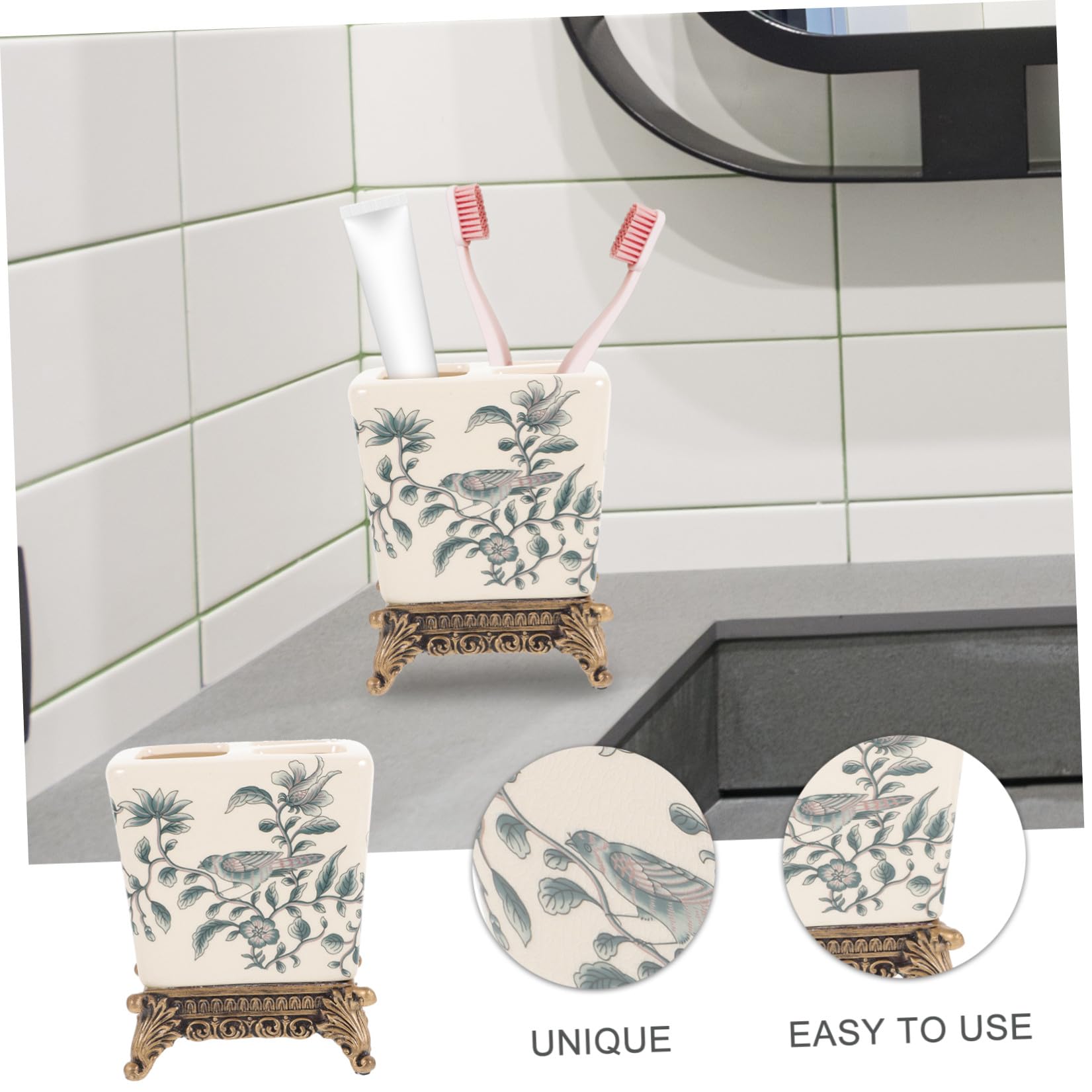 NUOBESTY Portaspazzolini in Ceramica Stile Vintage Europeo, Design Multifunzionale e Compatto per Bagno di Casa, per Spazi Ridotti e Uso Quotidiano