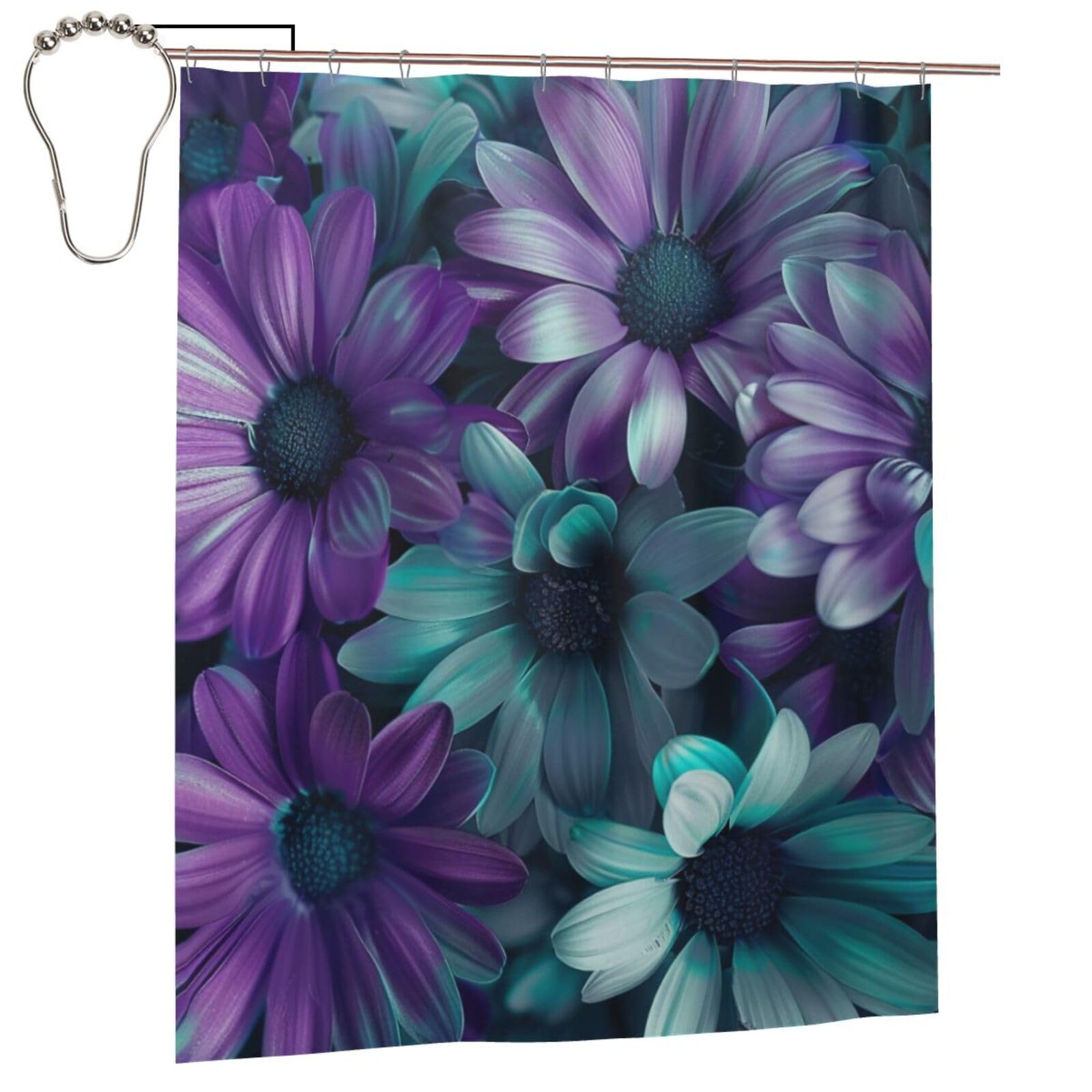 BWWHCCTI purple and teal flowers Printed Shower Curtain With 12 Iron Hooks Opaque Quick Drying Waterproof Shower Curtains Sets For Bathroom 152x183 Cm