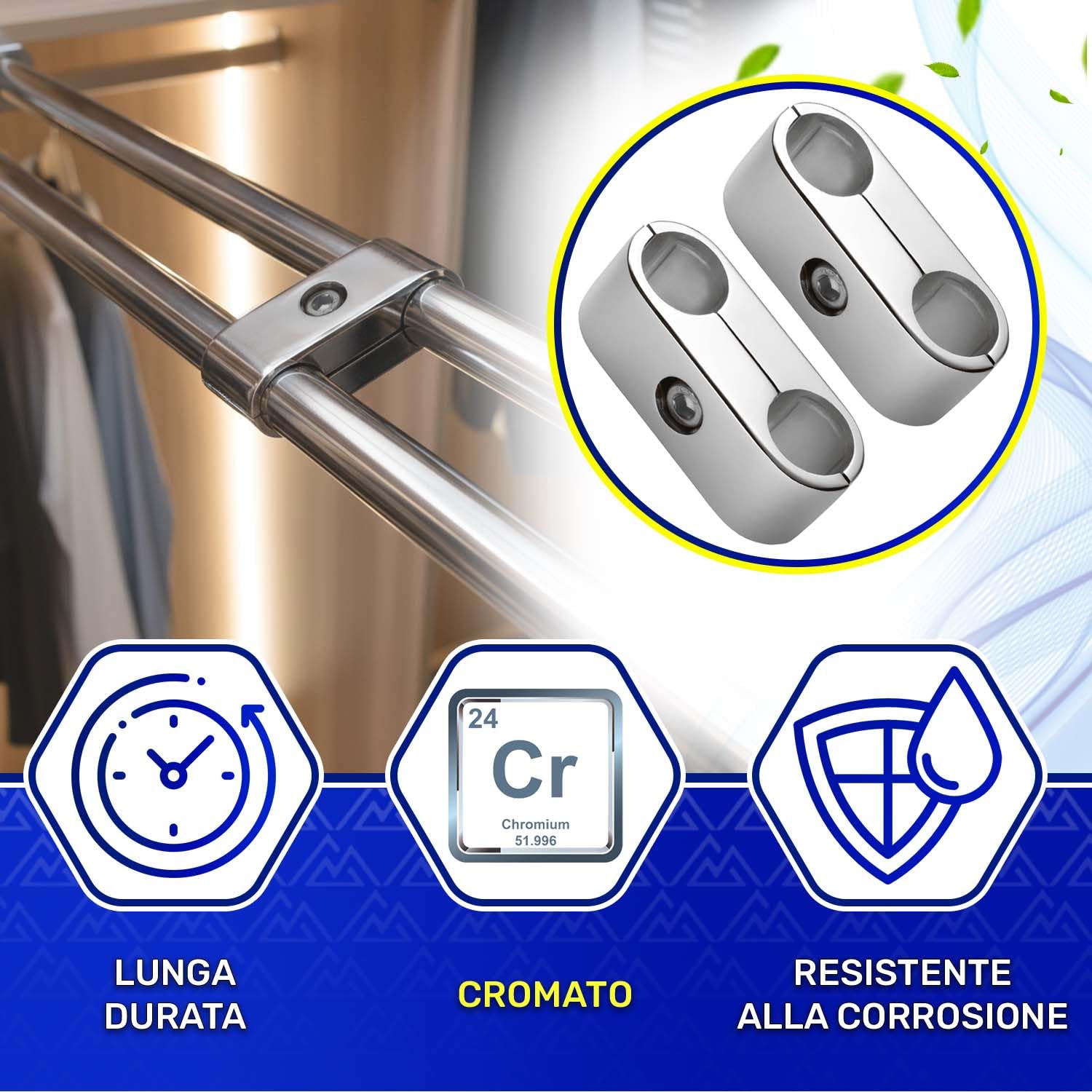 2 Pezzi Porta Tubo Parallelo con 2 Fori Ø 25,5 mm 85x31 mm è Cromato ed è Adatto per Struttura Cabina Armadio Componibile - Garanzia di 10 Anni - MONTERAL