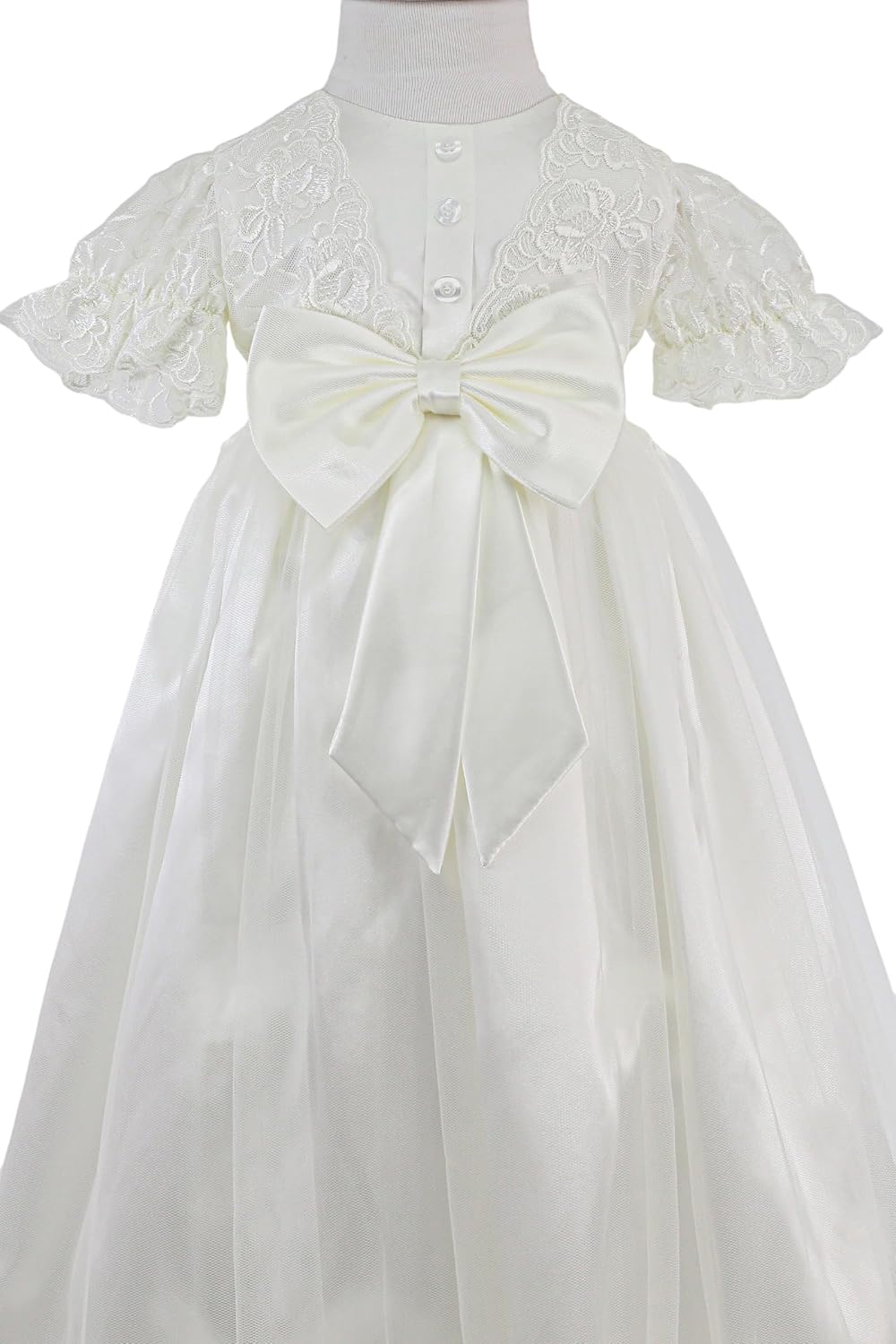 Baby Girls Ivory Lace Christening Gown Satin Bow Traditional Length for Baptism