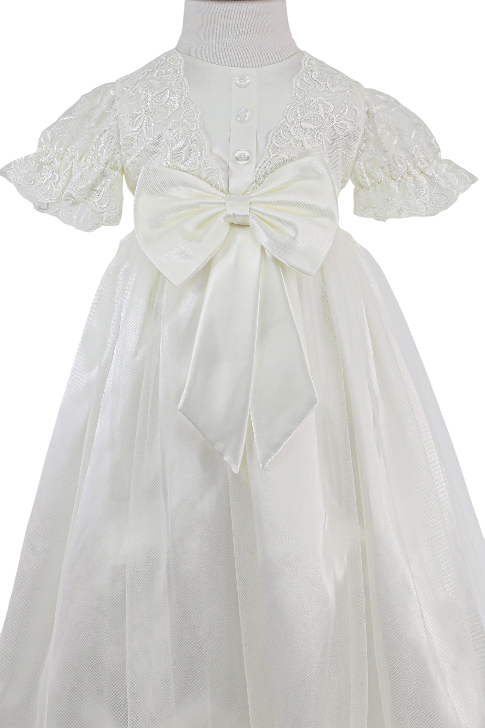 SIRRI Vestido de Bautizo para niña, Color Marfil, Encaje, Lazo de satén, Largo Tradicional.