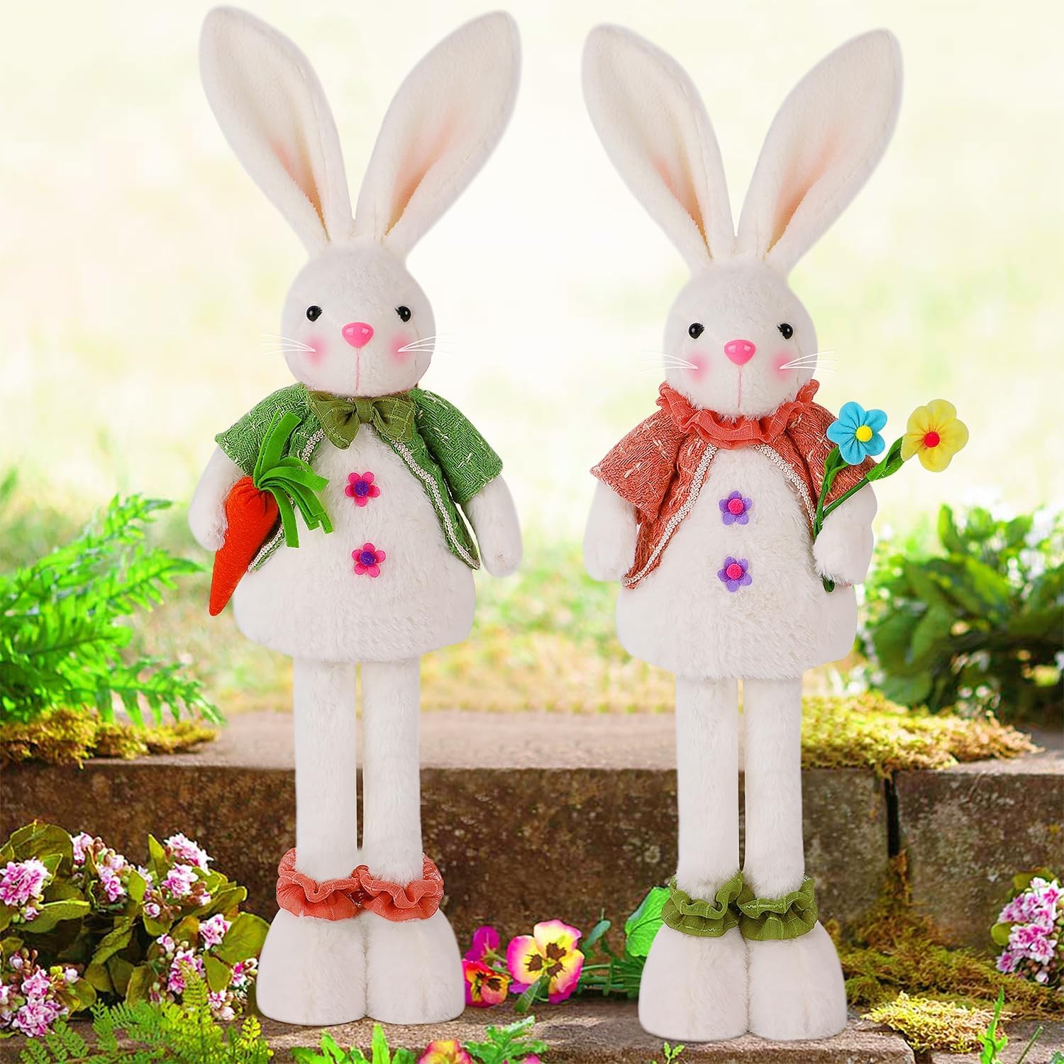 Glintoper 2 Pack Easter Standing Bunny with Stretchable Legs, 18" to 25" Plush Rabbits Couple Figurine, Cute Party Favor Photo Props Gifts for Office Kitchen Farmhouse Front Door Spring Home Decor