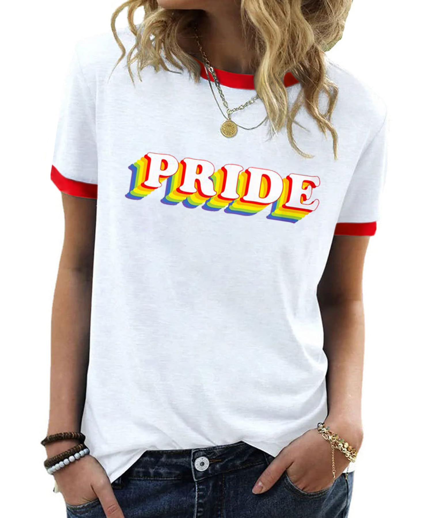 YZMI Pride Shirts for Women Pride Month Rainbow Graphic T-Shirt LGBTQ Support Red Ringer Tee