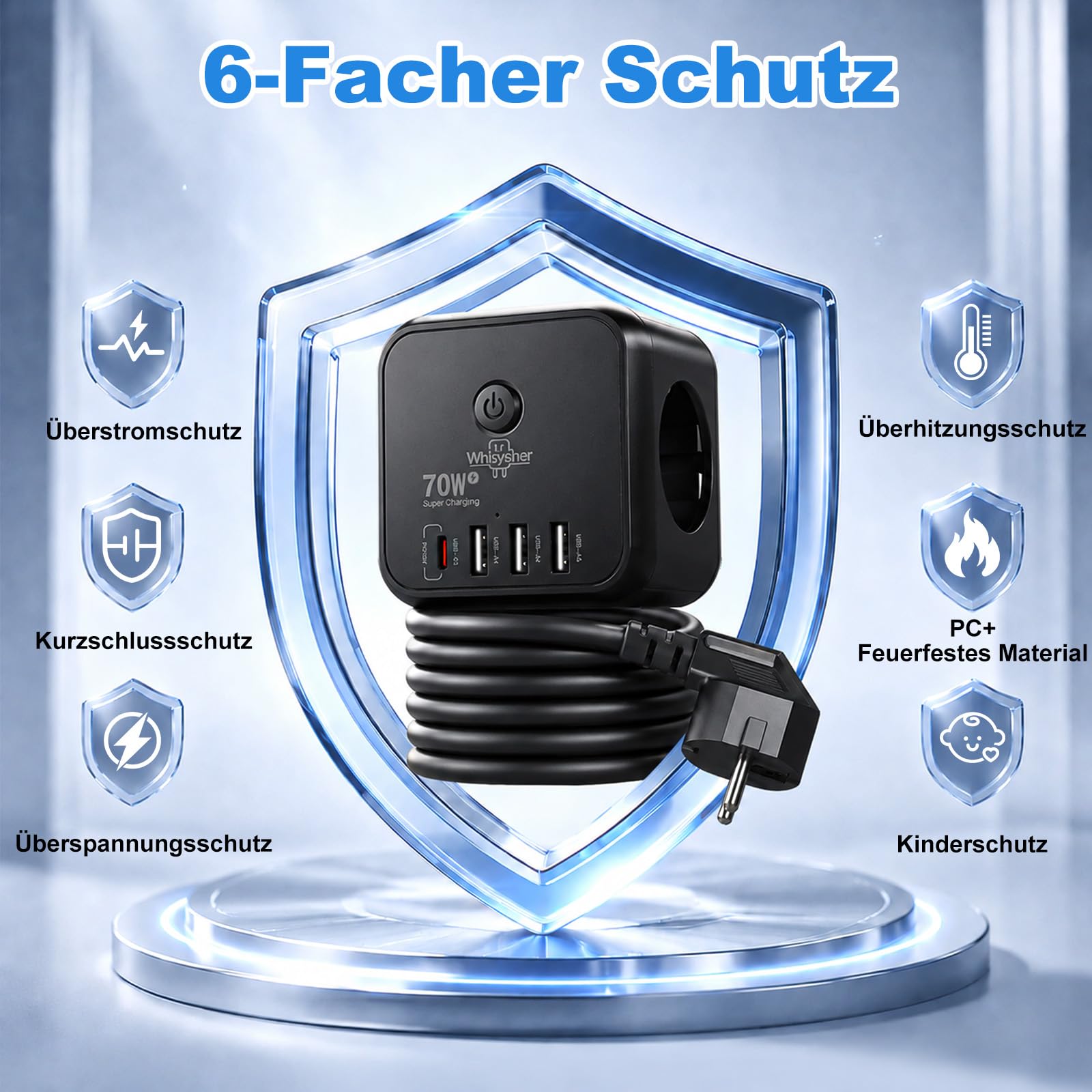 GaN PD70W Bloc multiprise USB C 7 en 1 avec interrupteur