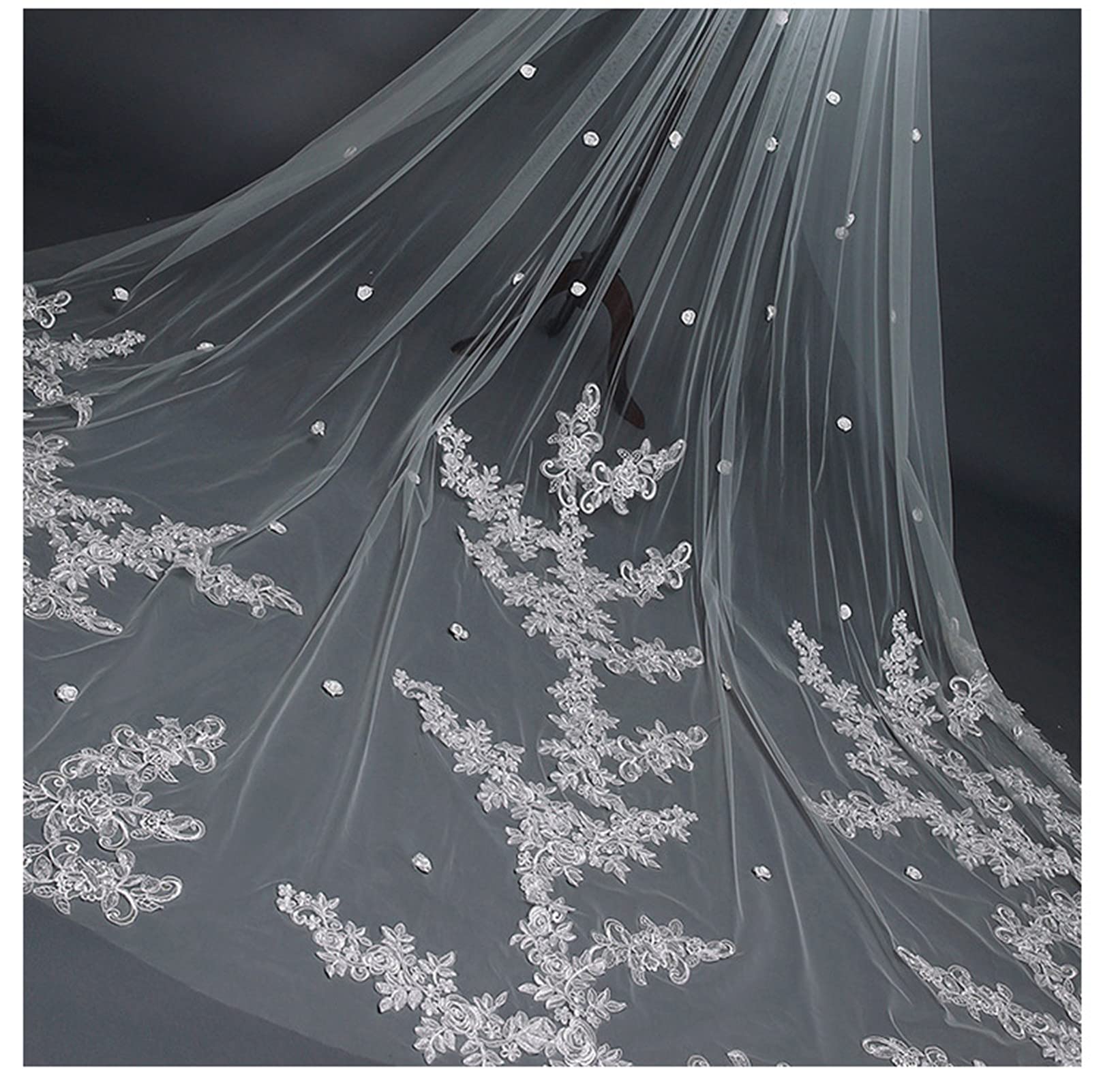 Velo Sposa Che Trascina Lungo Doppio Strato Veli da Sposa Fiore 3D Bordo Pizzo Applique Marry Chapel Accessori per Capelli Elegante Morbido Tulle con Pettine