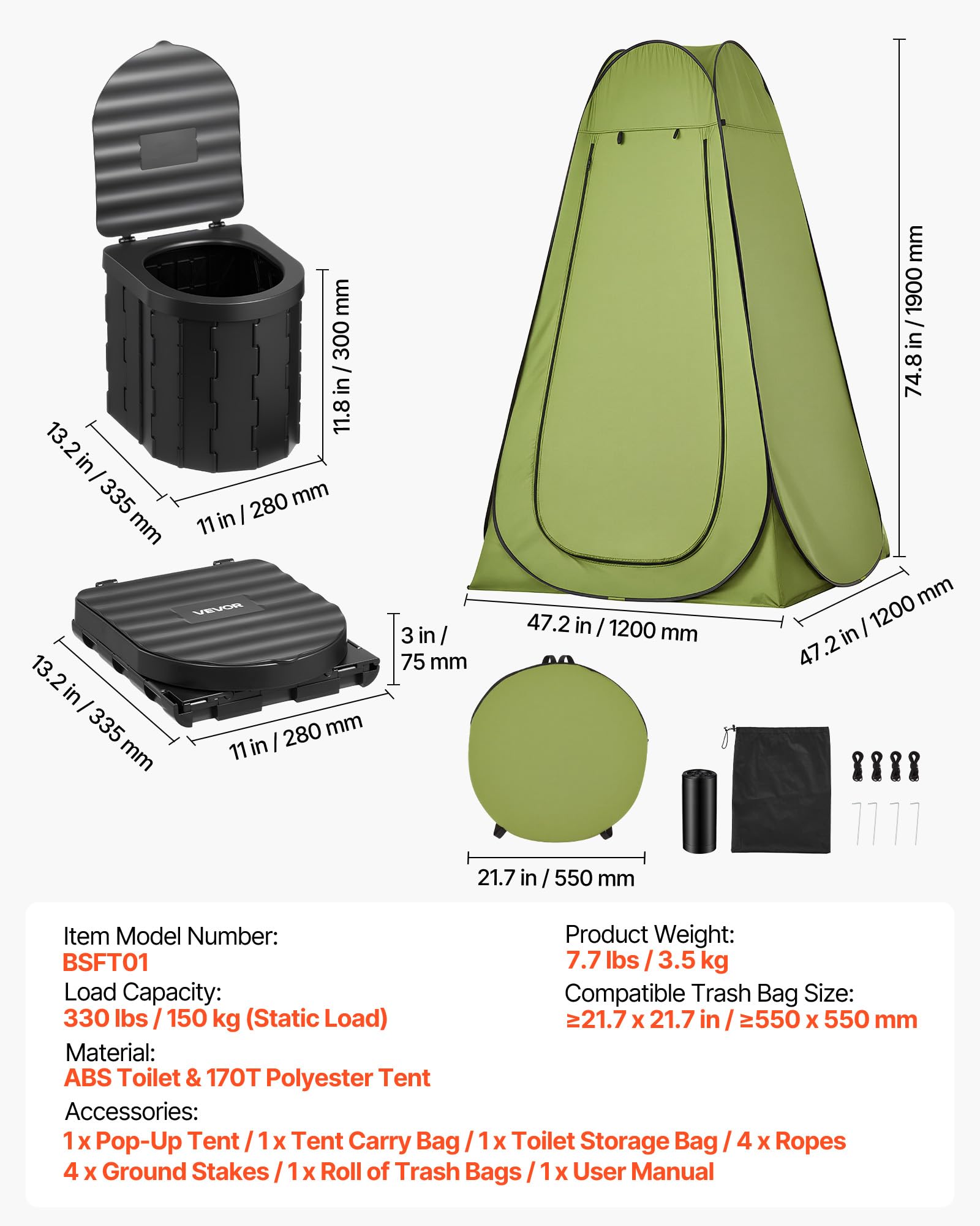 VEVOR Kit WC da Campeggio Pieghevole con Tenda, Toilette da Campeggio Portatile Pieghevole per Campeggio Viaggio Escursionismo Carico max. 150 kg, Borsa da Trasporto Sacchi per Spazzatura