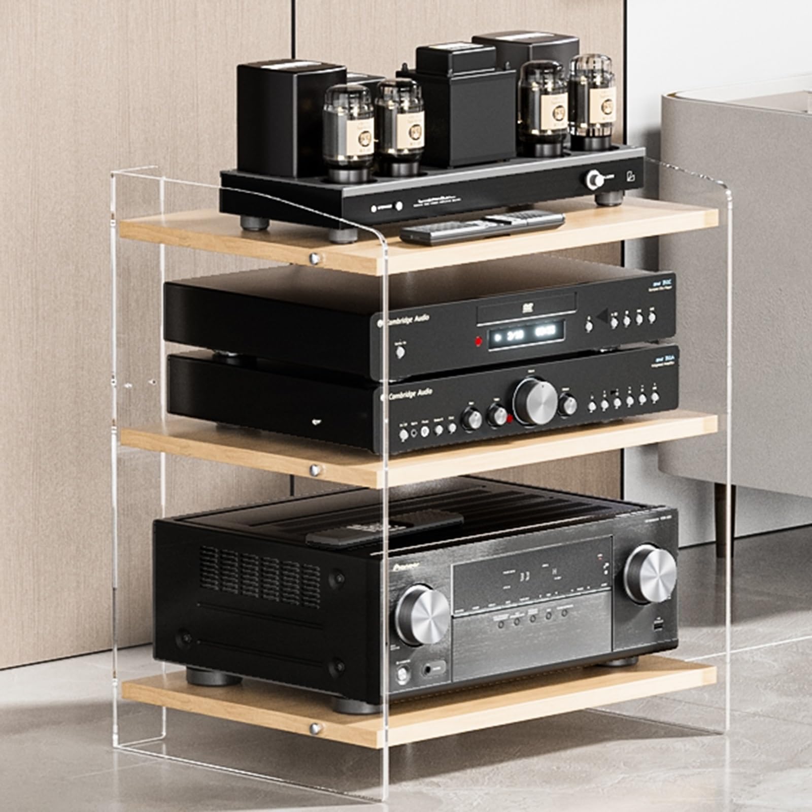 WLCGYD Hifi Rack Clear Acrylic Audio Shelf, Audio Rack Cabinet, 42 Inch Tall Amplifier Rack Shelf for Offices/Recording Room/Home Cinema, Stereo Components Cabinet(A,3 tier)