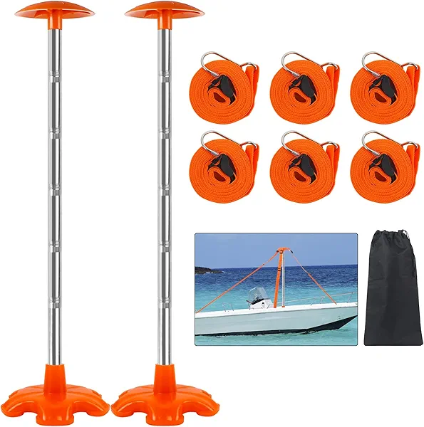 Boat Cover Support Poles 2 Pack, Height Adjustable Stainless Steel Support Pole with Rubber Base,Prevent Rain/Snow from Accumulating,Including Webbing Straps (Orange)
