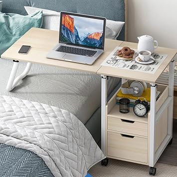 Overbed Bedside Table with Lockable Wheels,Height Adjustable Rolling Overbed Table,Laptop PC Desks for Bedroom, Living Room,Office,Hospital Beige