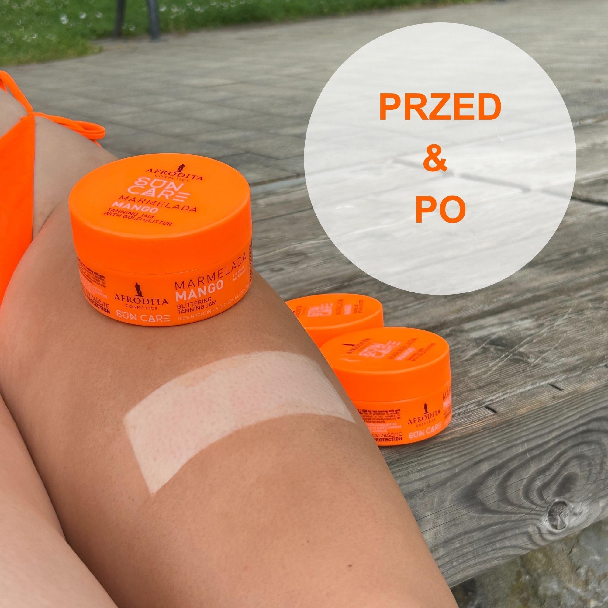 Afrodita Cosmetics Marmelada Mango przyspieszacz opalania – wegański dżem opalający ze złotym brokatem dla szybkiej naturalnej opalenizny – wodoodporny z ekstraktem z marchewki, masłem kakaowym i shea
