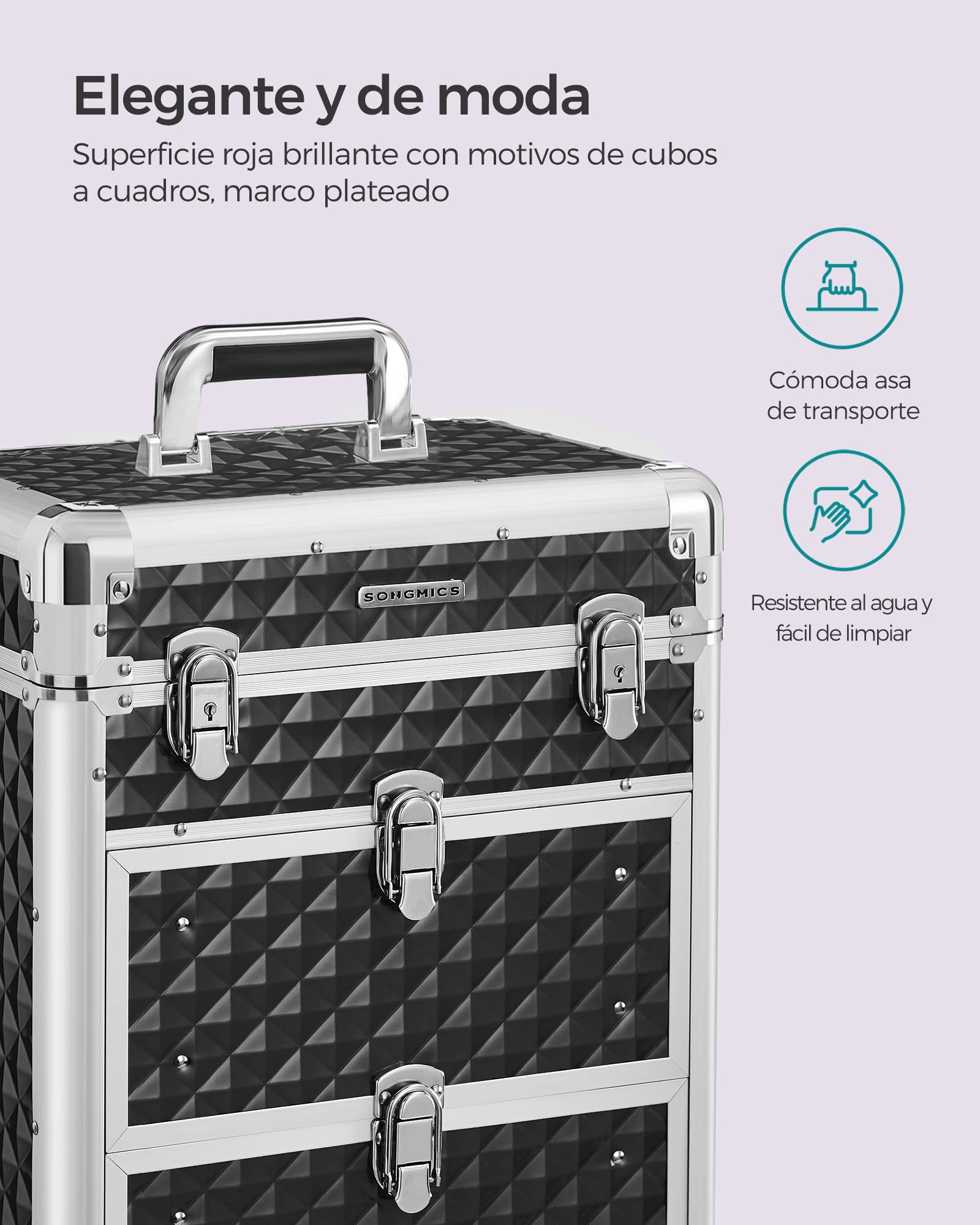 SONGMICS Maleta de Maquillaje Profesional, Maletín para Cosméticos, Maletín de Peluquería, con 2 Cajones, Grande, Ruedas 360°, para Viaje, Regalo Ideal