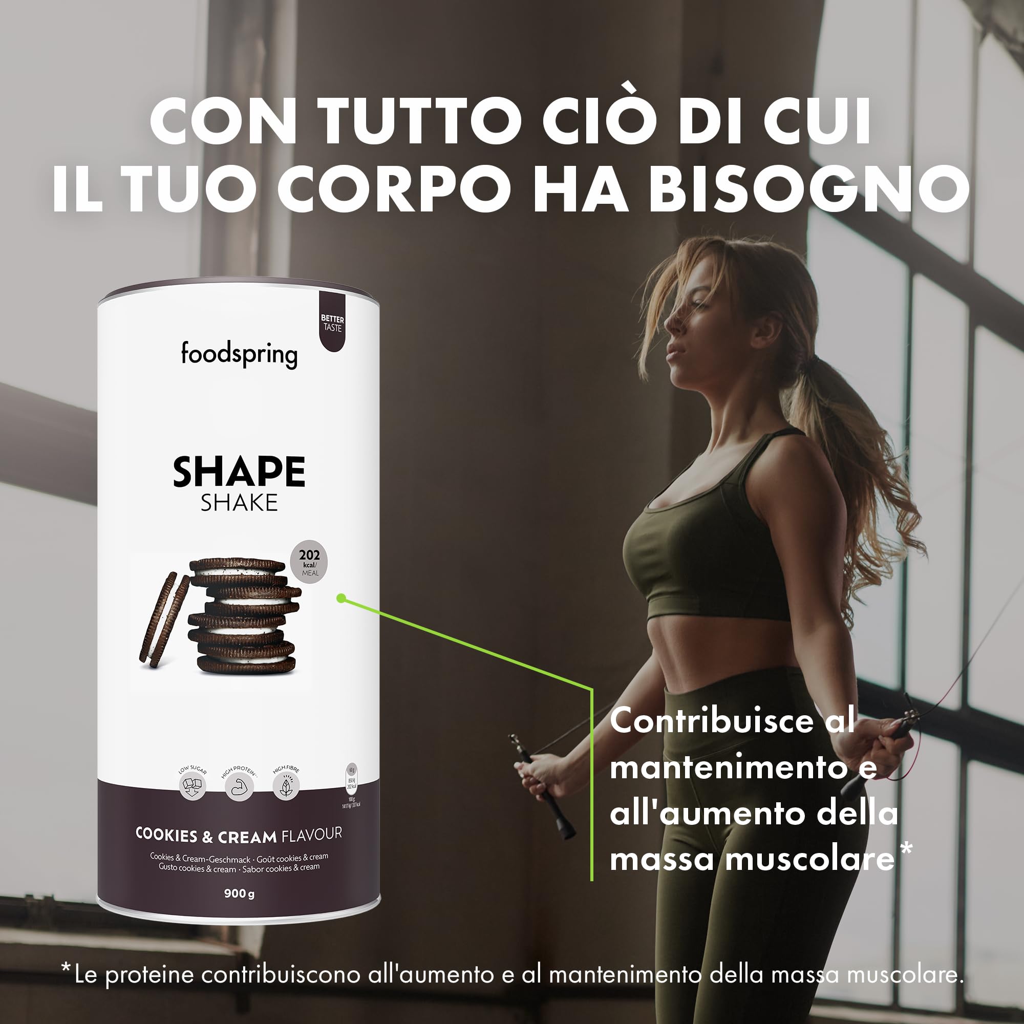 foodspring Shape Shake Cookies & Cream - Sostituto pasto completo per il controllo del peso con proteine di prima qualità, 202 kcal per porzione, senza glutine - nuova formula (900g)