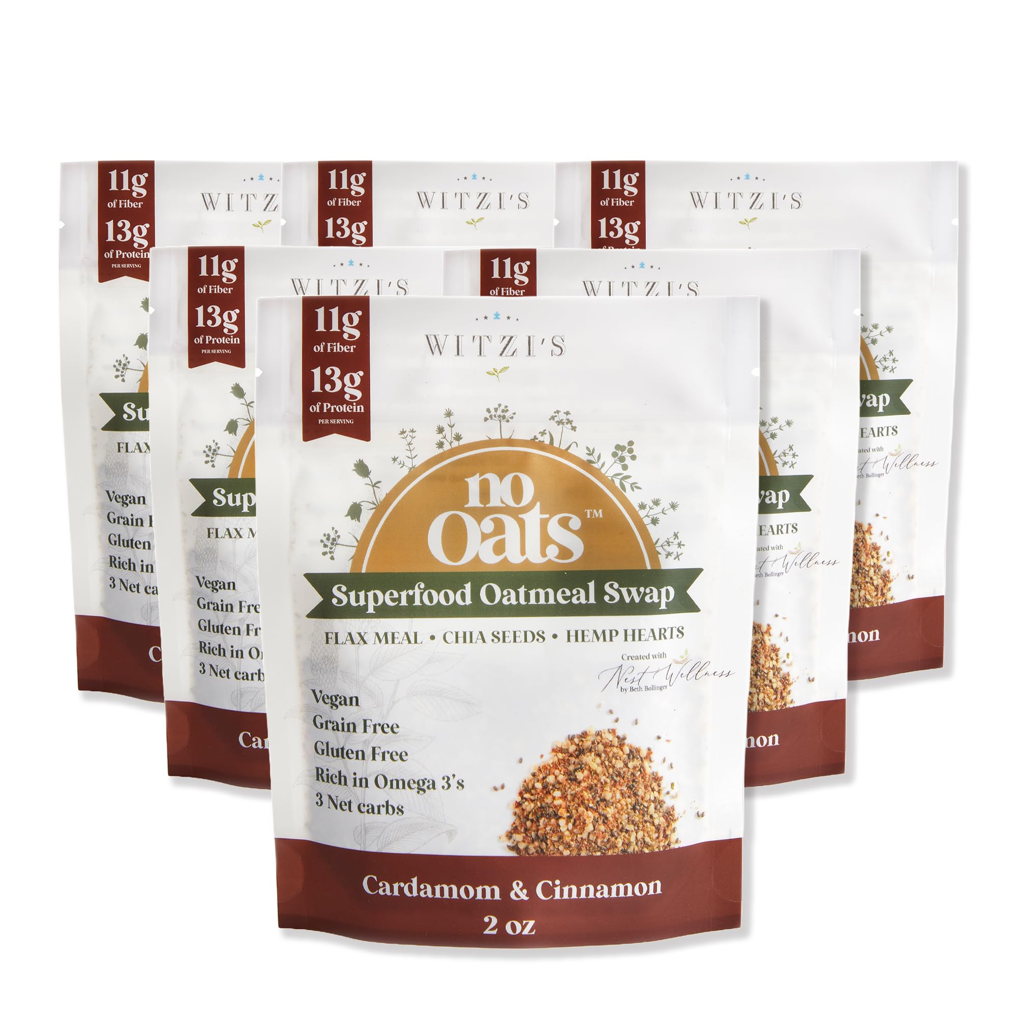 Witzi's No Oats Oatmeal Alternative, Cardamom & Cinnamon, 2oz (Pack of 6), Made with Chia Seeds, Cinnamon & Cardamom, Grain Free, Gluten Free, Vegan, Keto