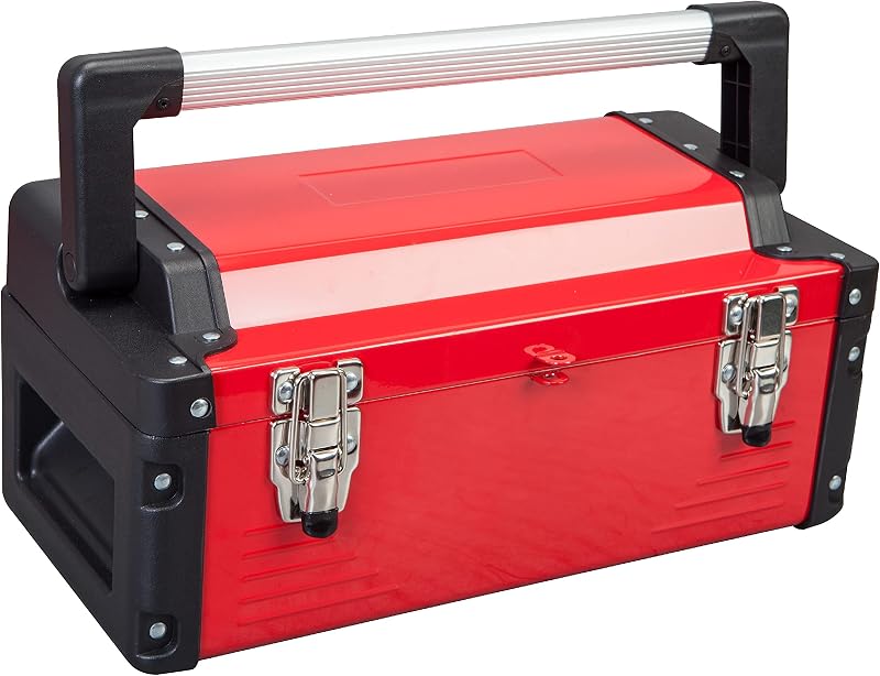 Caja de herramientas de metal Caja organizadora de herramientas de acero de 16 pulgadas Almacenamiento de herramientas portátil duradero con mango de aleación de aluminio Caja de herramientas de doble bloqueo y bandeja extraíble...