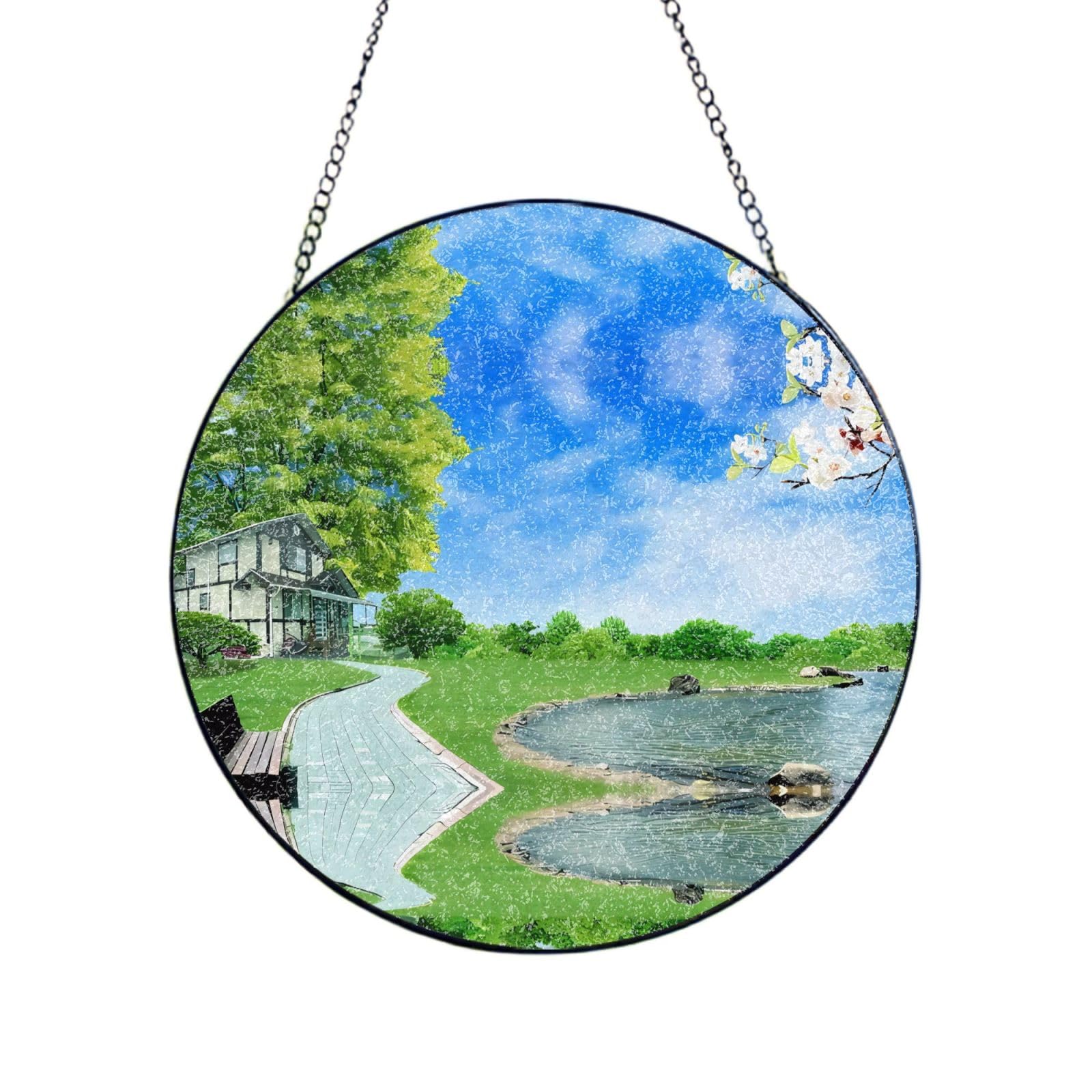Phayah Natural Print Glass Window Hanging Round Suncatcher Glass Ornament Garden Wall Fence Decorations Indoor Outdoor 12in（30cm）