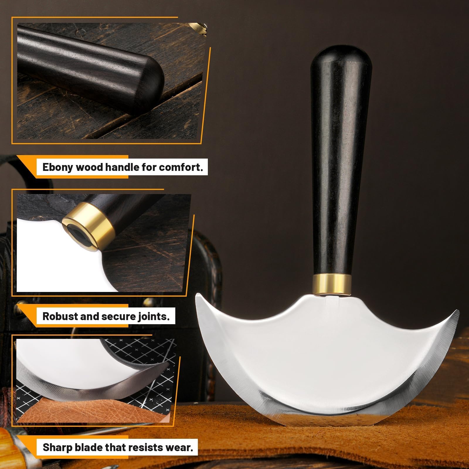 Cuchillo de cuero con mango de madera, cuchillo redondo de cuero, cuchillo de corte de cuero afilado, cuchillo de trabajo de cuero para corte de cuero, skiving, manualidades y proyectos