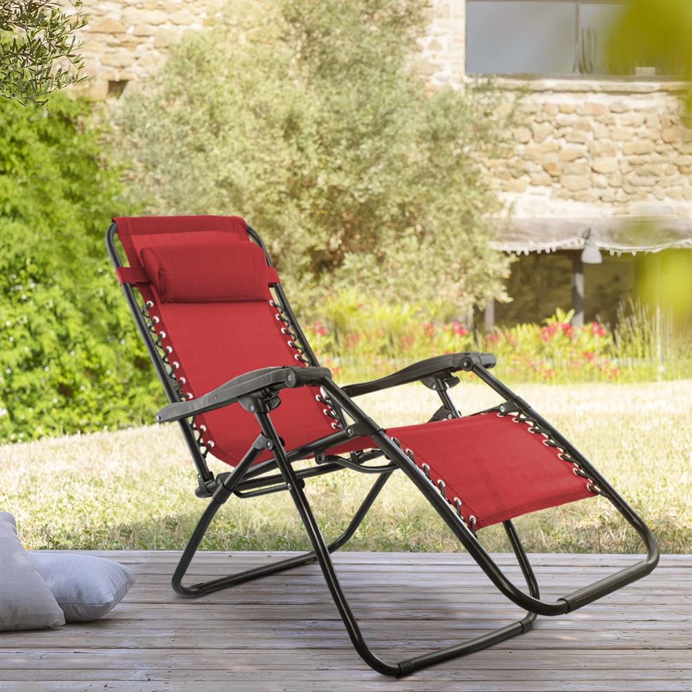 Hamaca Silla Plegable Tumbona Reclinable Gravedad Cero para Exterior, Playa, Piscina, Camping, con Reposa Cabeza (Rojo)
