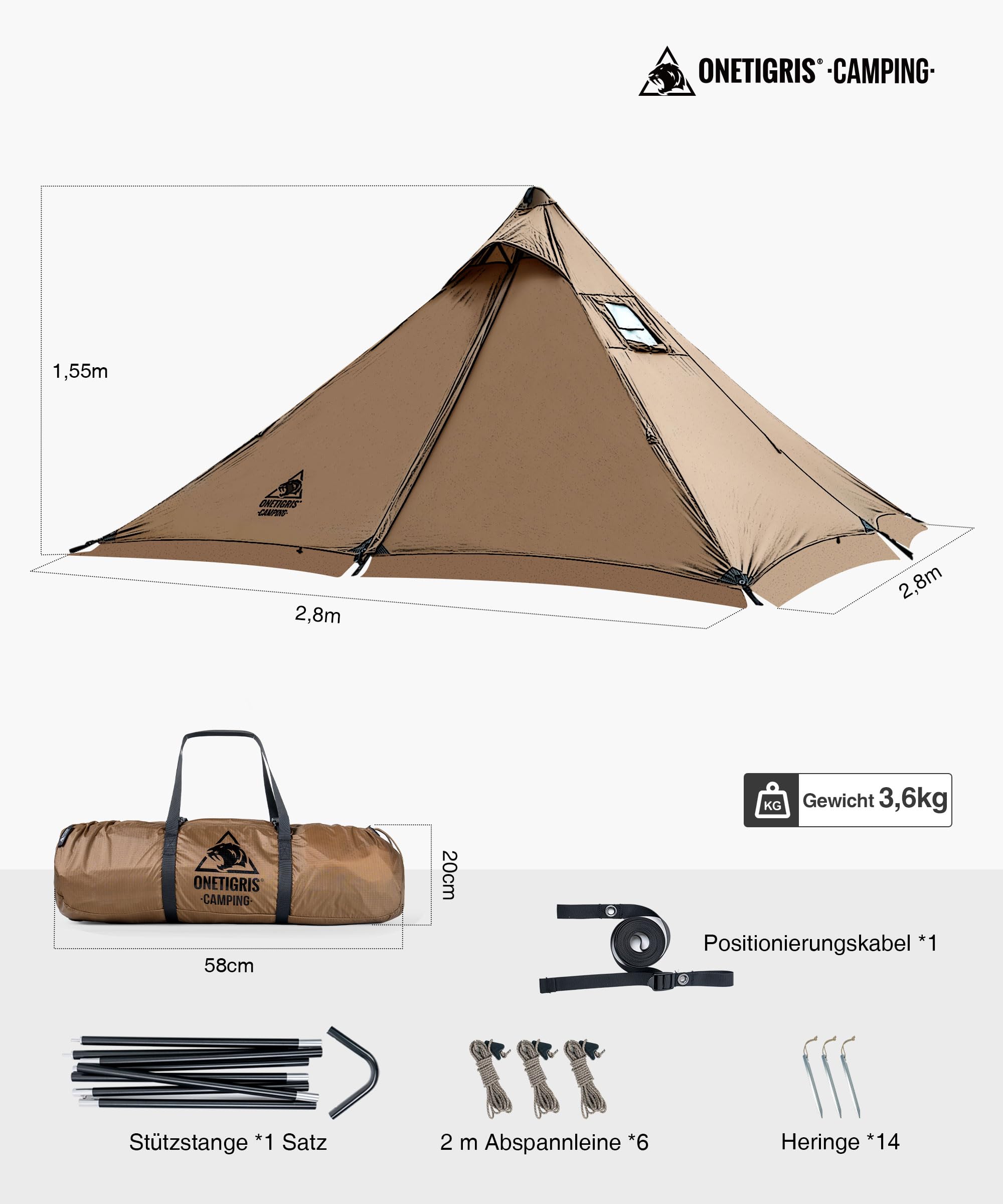 OneTigris APEX Namiot szlakowy dla 1 osoby na 4 pory roku, konstrukcja ramy A, namiot tipi do użytku na zewnątrz, wodoodporny 3000 mm, ciepły namiot z otworem na komin i pokrywą śnieżną, na kemping