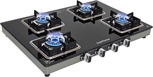 Everflame Sapphire Gas Stove | 4 Burner Glass Stove | Manual Ignition | 5G Brass Burners (Gas-Saver) | 5 Years Warranty on (Glass & Burners) + 2…
