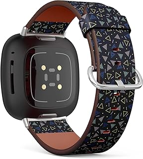 CJBROES Replacement Leather Watch Band, Compatible with Fitbit Versa 3 and Fitbit Sense of Wristband Bracelet Accessory - Retro Memphis Geometric line Shapes