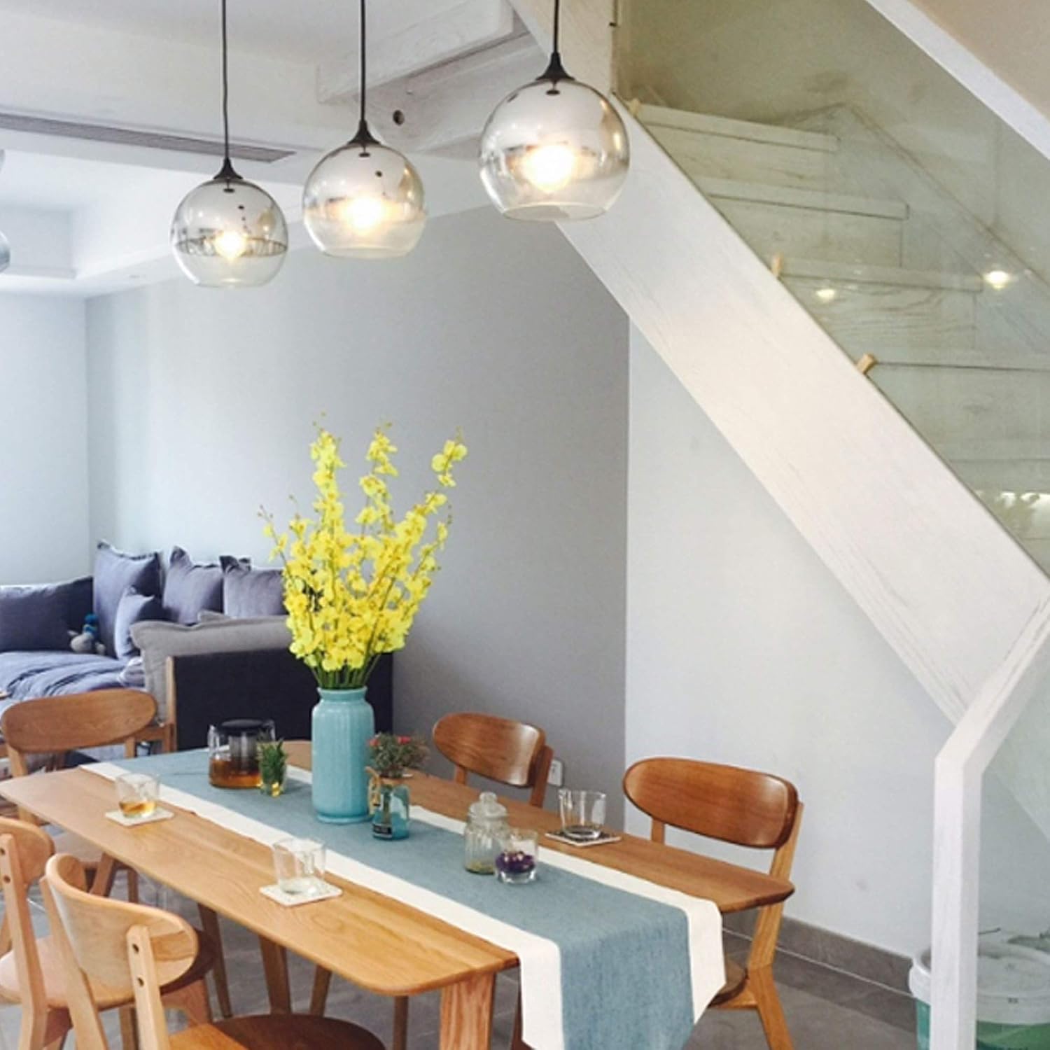 H Track Pendant Light with Globe Glass Shade Vintage Track 1ft Pendant Lighting No Wire Chrome E26 Chandelier Dimmer for Background Wall Dining Room Bulbs Not Included Customizable