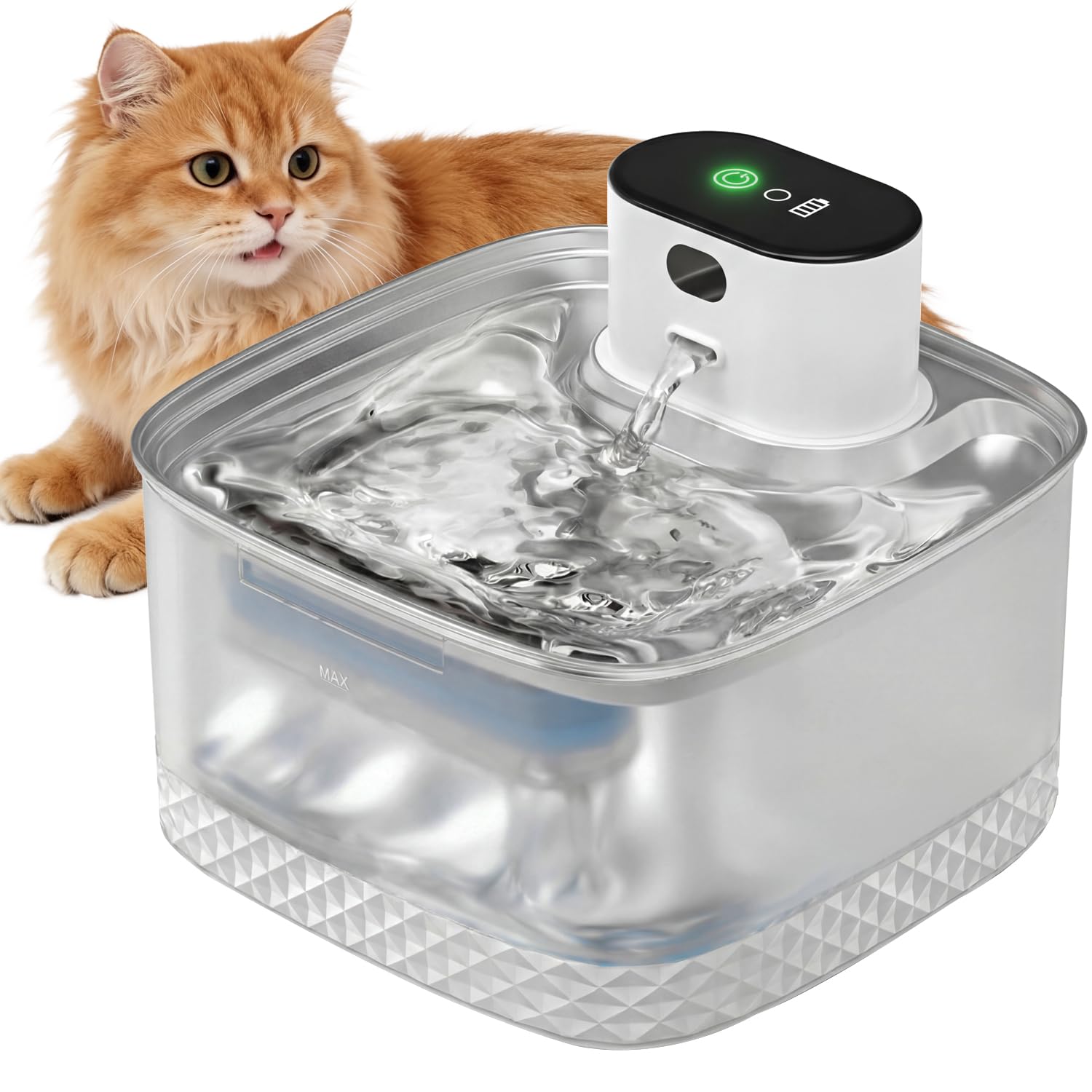 Fontana d'acqua wireless per gatti, 2 l, ricaricabile, con vassoio in acciaio inossidabile, pompa ultra silenziosa, sensore di movimento e anti-bruciatura secca, erogatore automatico di