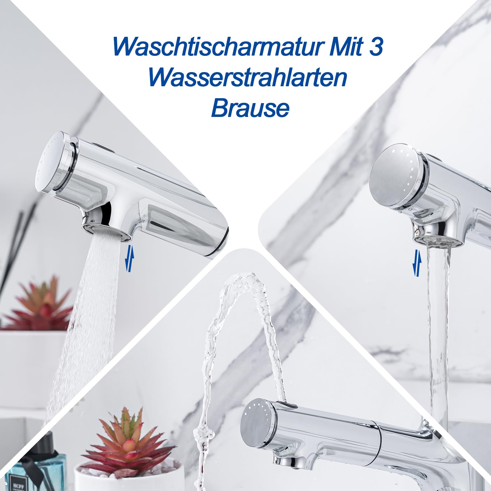 Waschtischarmatur Ausziehbar Wasserhahn Bad mit 3 Wasserstrahlarten, Chrom | Waschtischarmaturen Ausziehbar LakeBayMZC Einhebelmischer Badarmatur Waschbeckenarmatur mit 3 Brause für Aufsatzwaschbecken