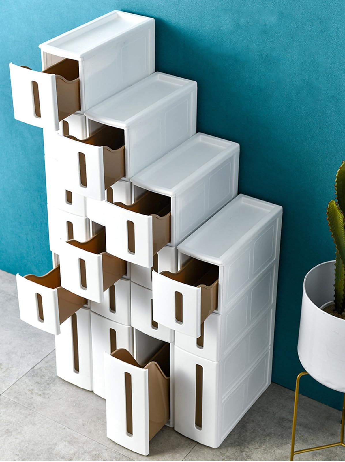 Cassettiera verticale stretta a 5 livelli con ruote e cassetti, sottile nizer da bagno per piccoli spazi, soluzione salvaspazio a torre