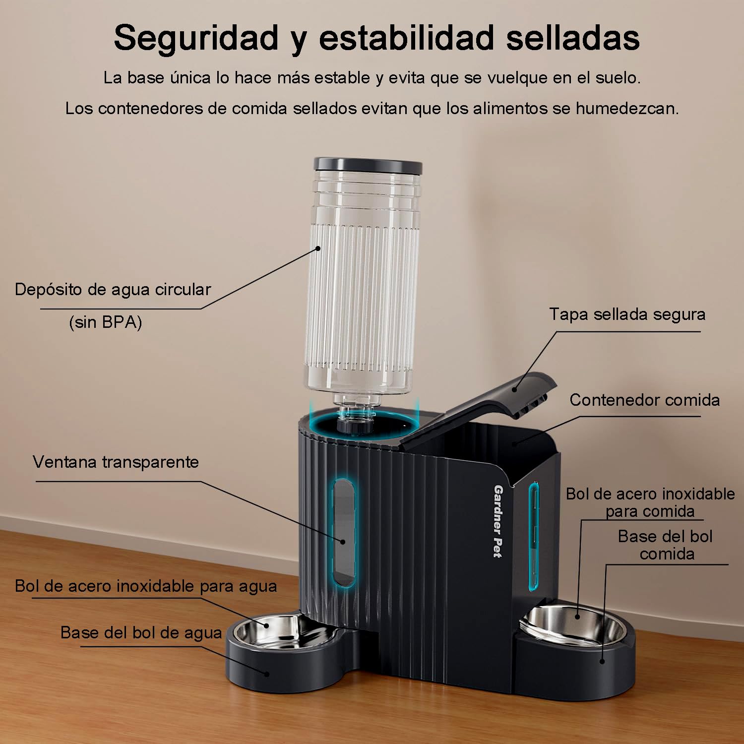 Gardner Pet 2 en 1 Comedero Gato Automatico (3L*2), Dispensador Comida y Agua, Bebedero Perro con Bol Acero Inoxidable, Dispensador Comida Gatos Gravedad,Sin BPA,No Eléctrico-Negro