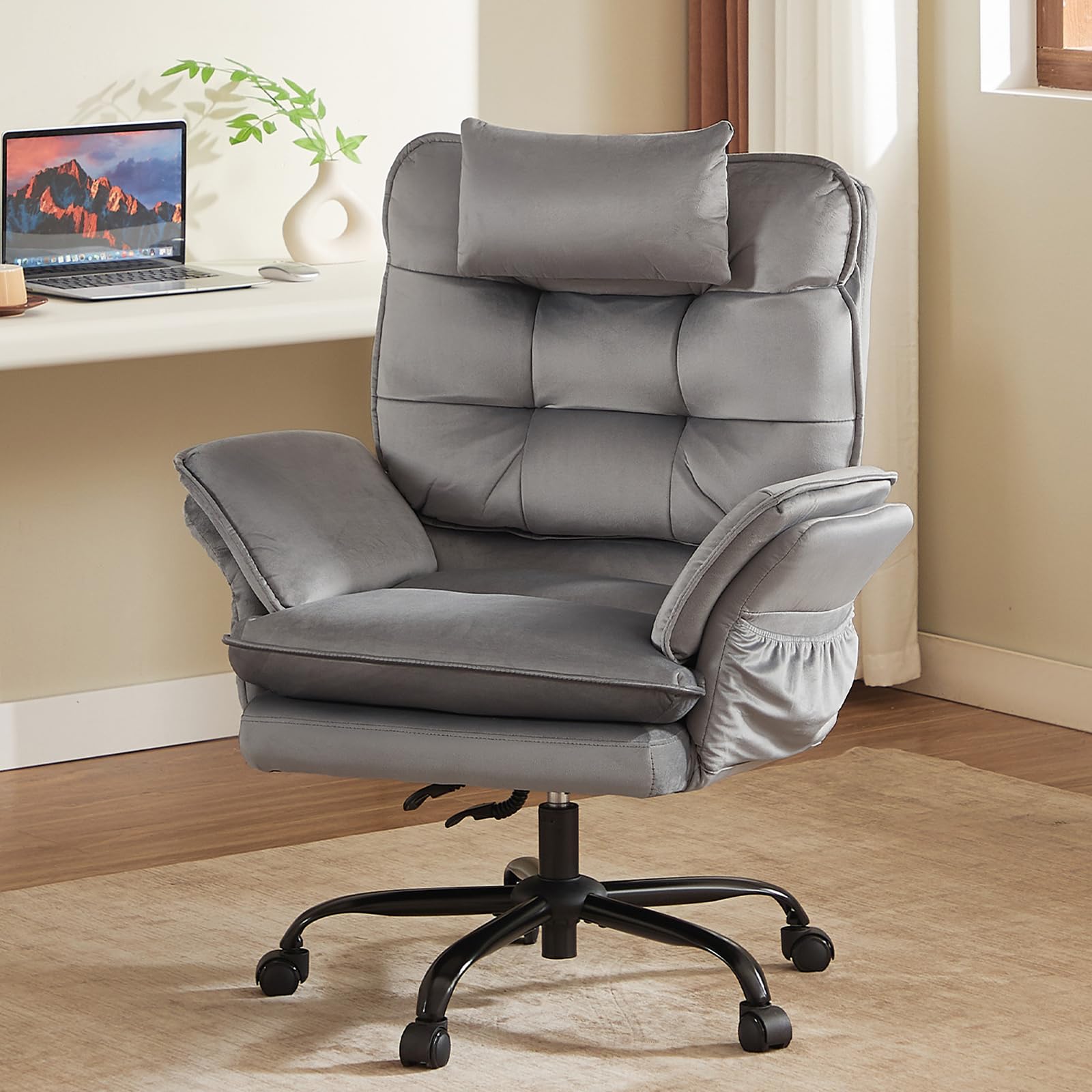 bestier cross legged office chair, criss cross chair with adjustable arms, 135° reclining velet executive chair with wheels, big and tall computer desk chair for home, office - grey