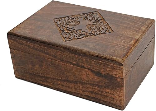 NIRMAN Caja de madera hecha a mano para joyas, organizador de almacenamiento de recuerdos con diseño celta tallado a mano