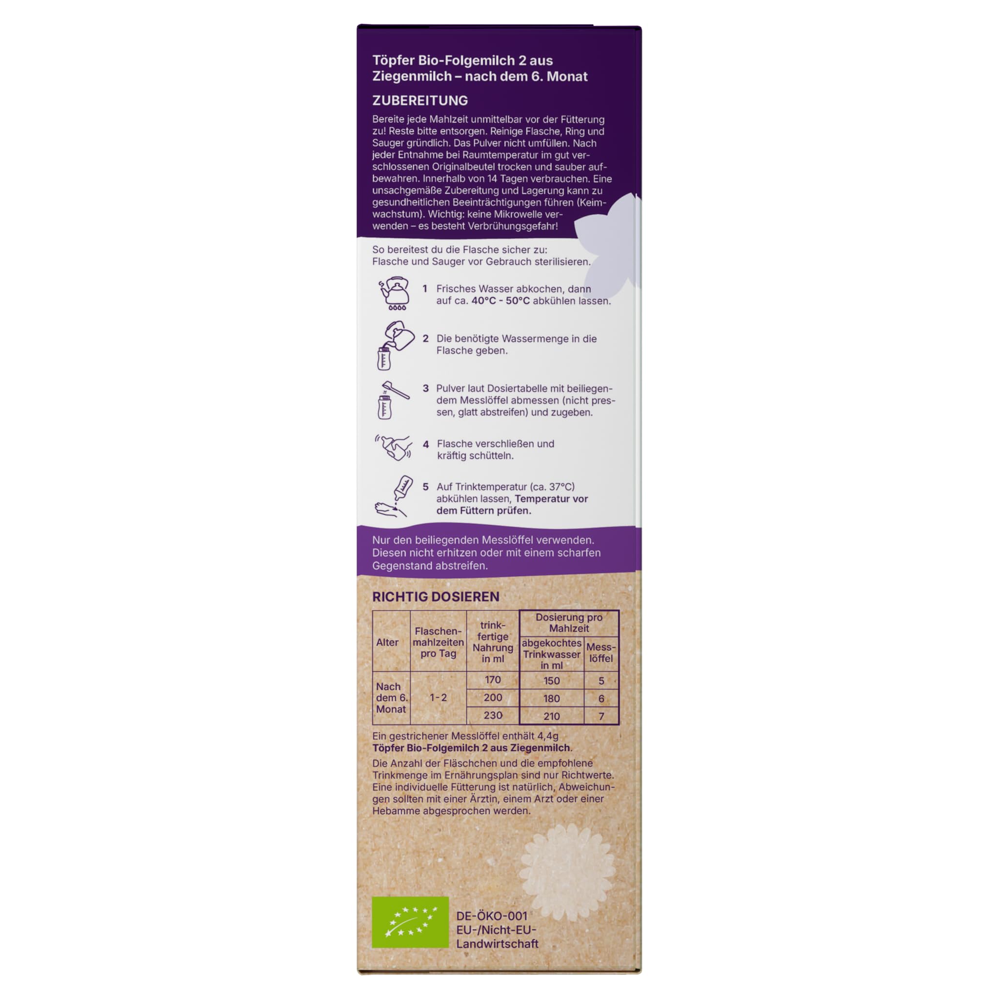Töpfer Bio Folgemilch 2 aus Ziegenmilch – palmölfrei – Bio-Folgenahrung nach dem 6. Monat – mit Bio-GOS & 4 Bifido-Kulturen – ARA & DHA aus Algenöl – 4x400g