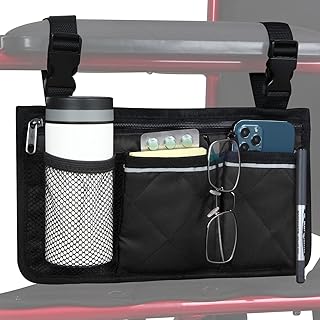 Wheelchair Side Bag, Armrest Storage Pouch with Cup Holder and Reflective Strip for Most Wheelchairs, Walkers or Rollators (Black)