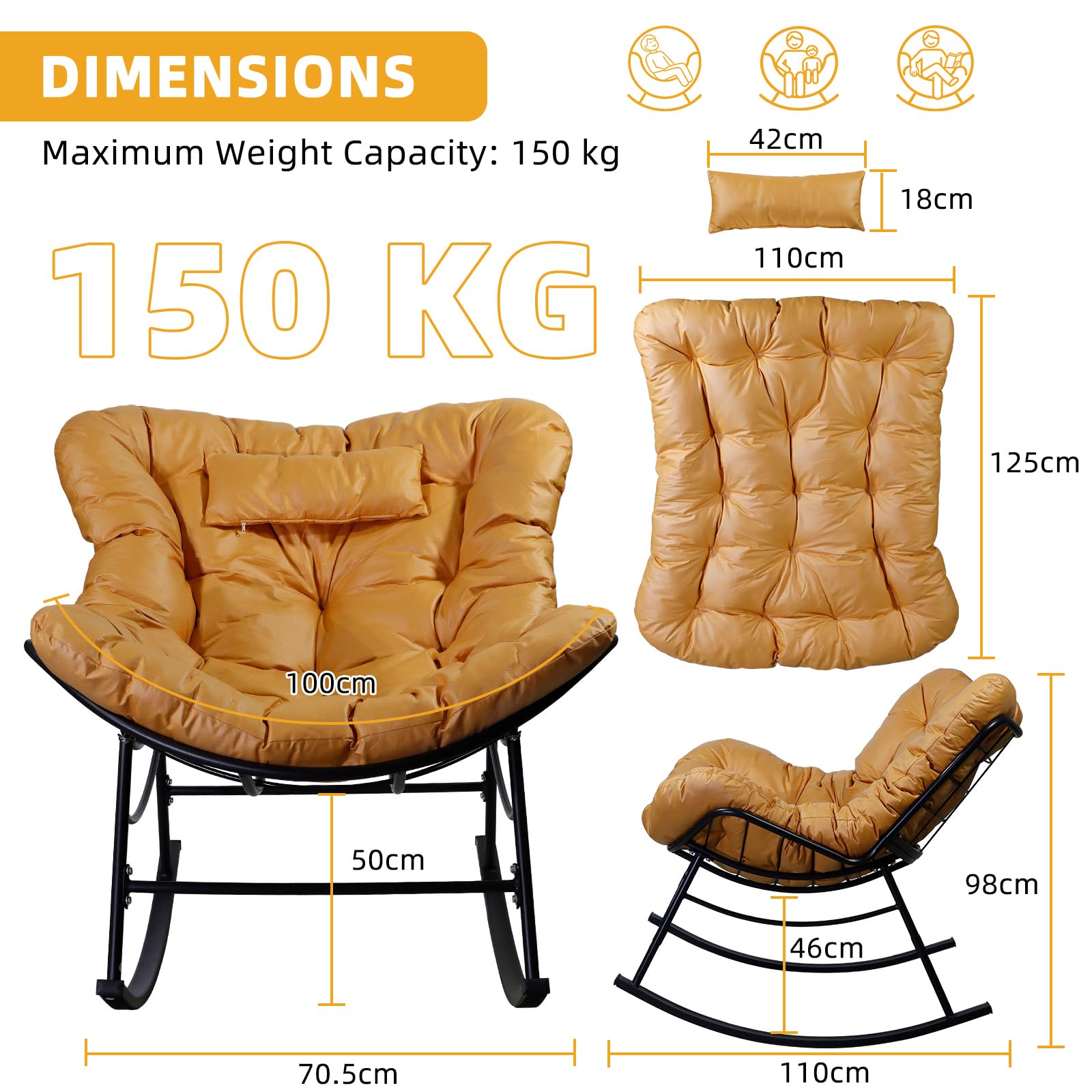 CCLIFE Schaukelstuhl Schaukelsessel Extra groß Wohnzimmer Relaxstuhl Kopfstütze Belastbarkeit Bis 150kg Orange