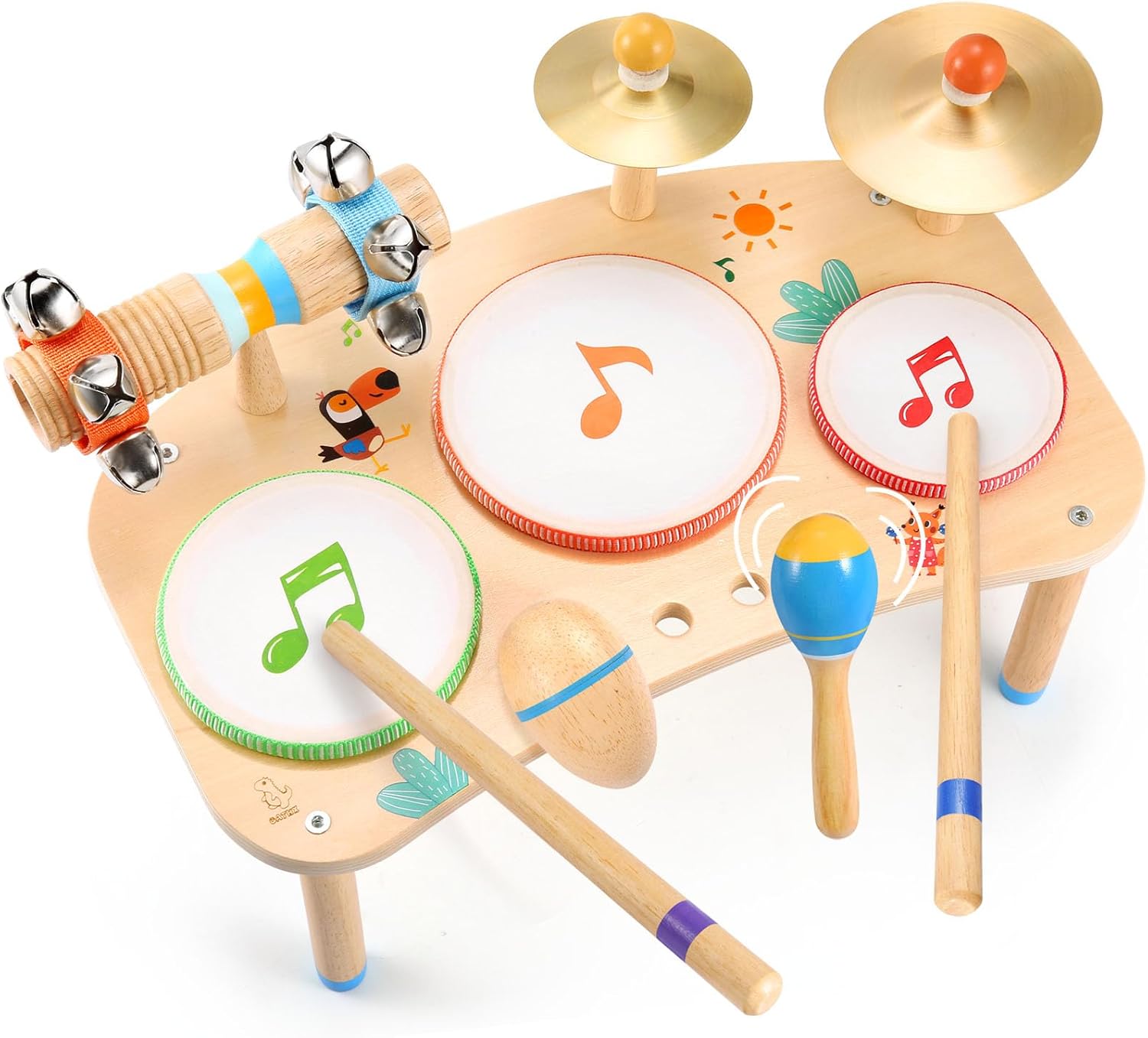 OATHX 11 in 1-Schlagzeug für Kinder ab 1 Jahr Musikinstrumenten-Set aus Holz, Baby-Schlagzeug mit Handgelenksglocken für Kleinkinder Geschenke zum 1. Geburtstag für Jungen und Mädchen Musikspielzeug