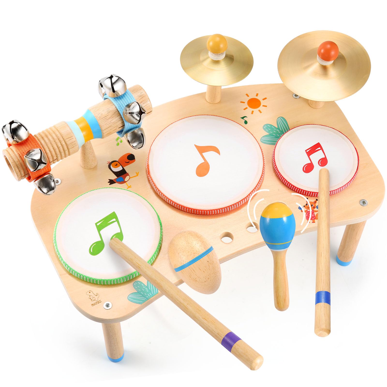 OATHX 11 in 1-Schlagzeug für Kinder ab 1 Jahr Musikinstrumenten-Set aus Holz, Baby-Schlagzeug mit Handgelenksglocken für Kleinkinder Geschenke zum 1. Geburtstag für Jungen und Mädchen Musikspielzeug
