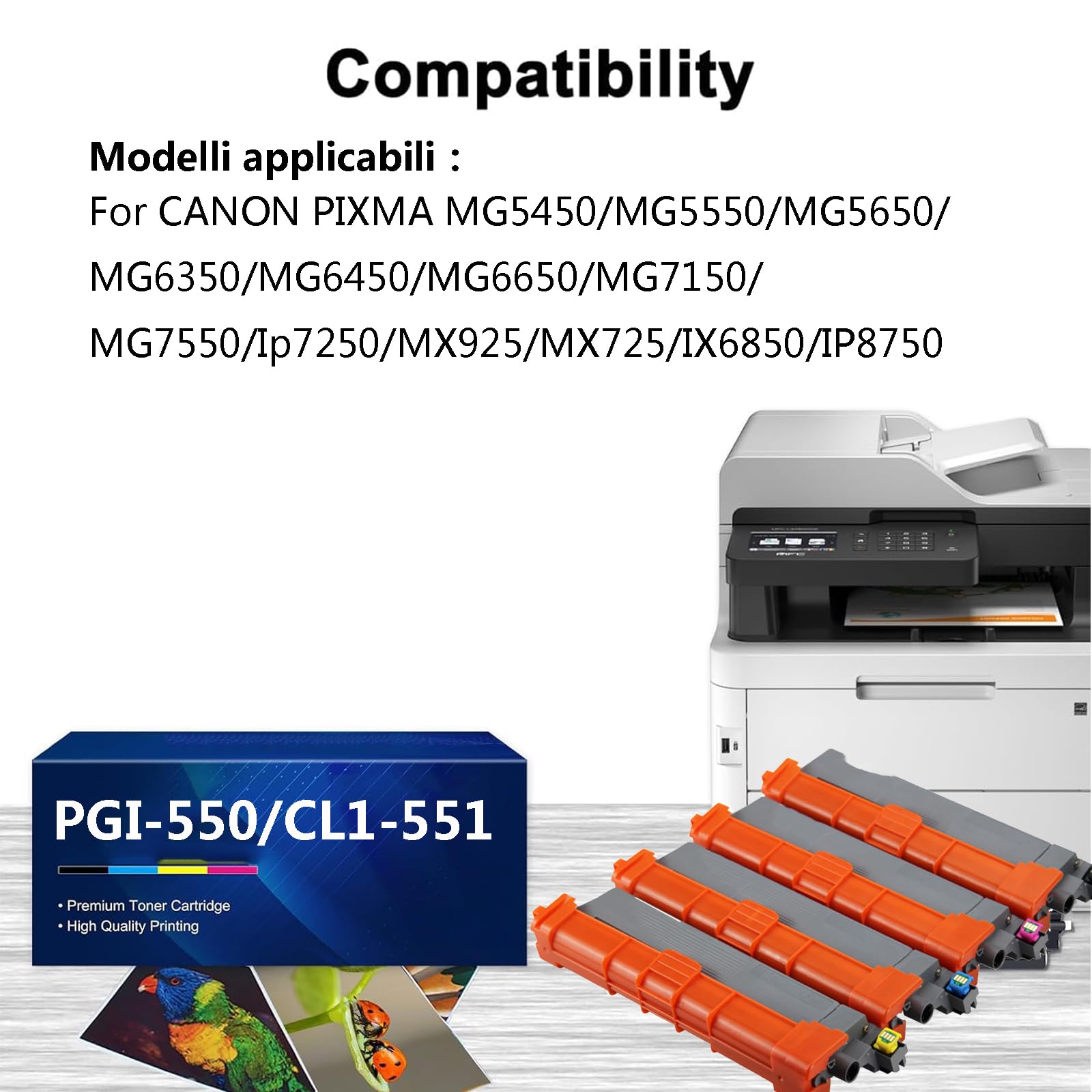 Cartucce D'inchiostro Compatibili per 550BK 551BK C M Y GY per CANON PIXMA MG5450 MG5550 MG5650 MG6350 MG6450 MG6650 MG7150 MG7550 Stampante Cartucce D'inchiostro ad alta Resa, 600 Pagine,1 set