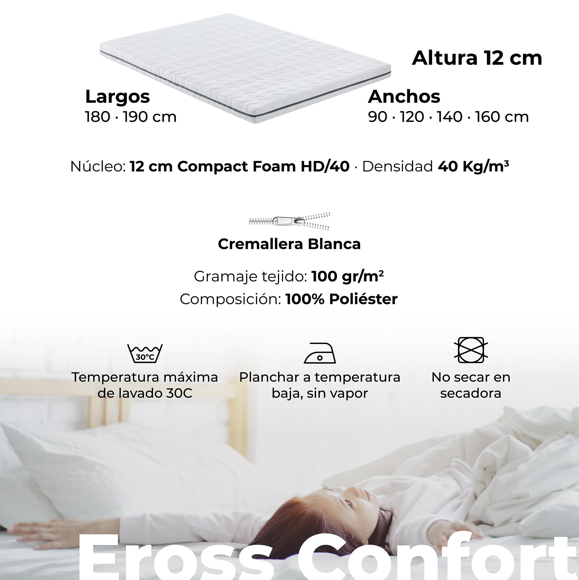 Colchón Sofá Cama 140x180 Matrimonio Doble. Altura 12 cm. Funda con Cremallera Lavable y Transpirable.