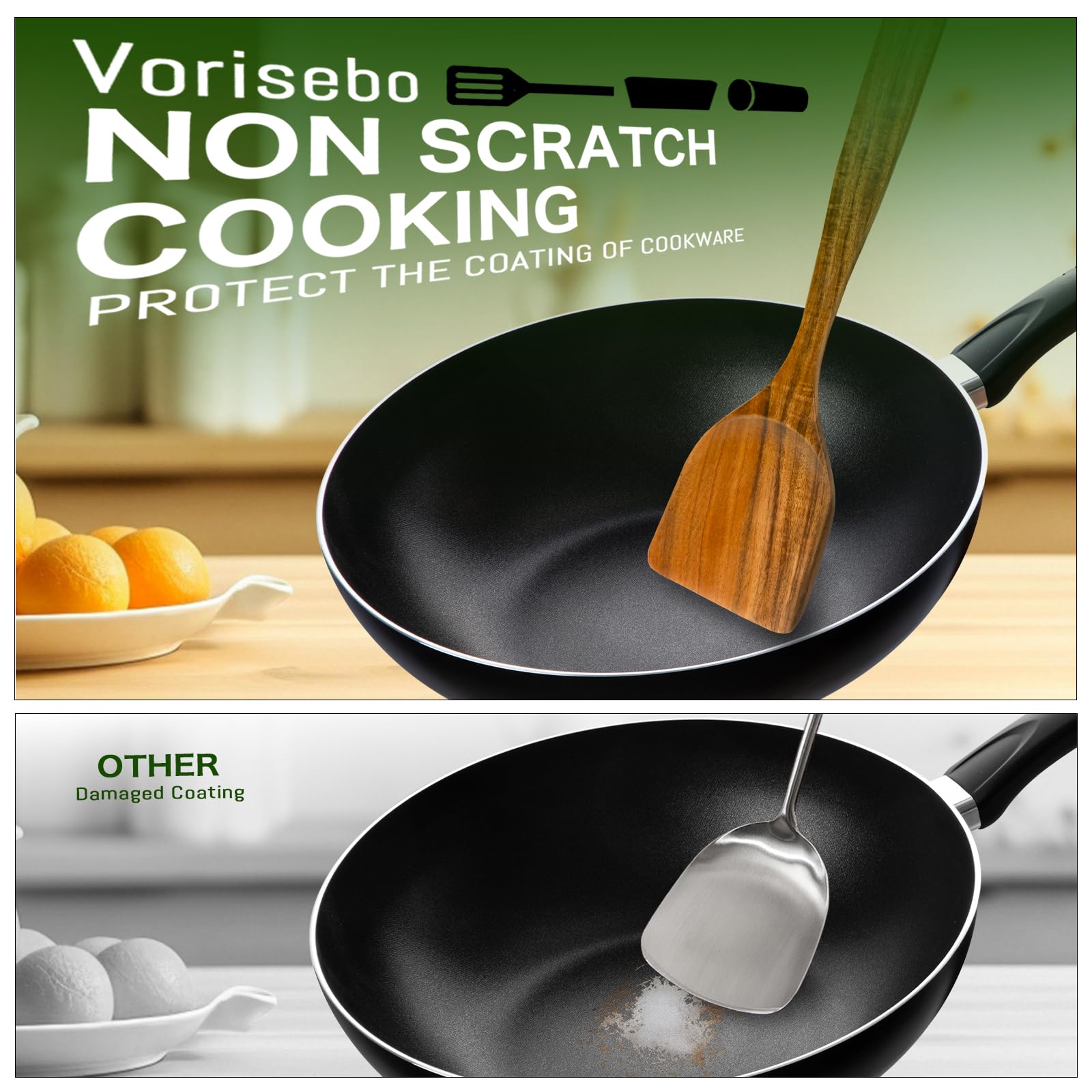 12-teiliges Holzlöffel zum Kochen, natürliches Teakholzutensilien-Set, handgefertigtes Küchenhelfer-Set aus Holz mit Halter und Löffel, langlebig, antihaftbeschichtet, Komfortgriff