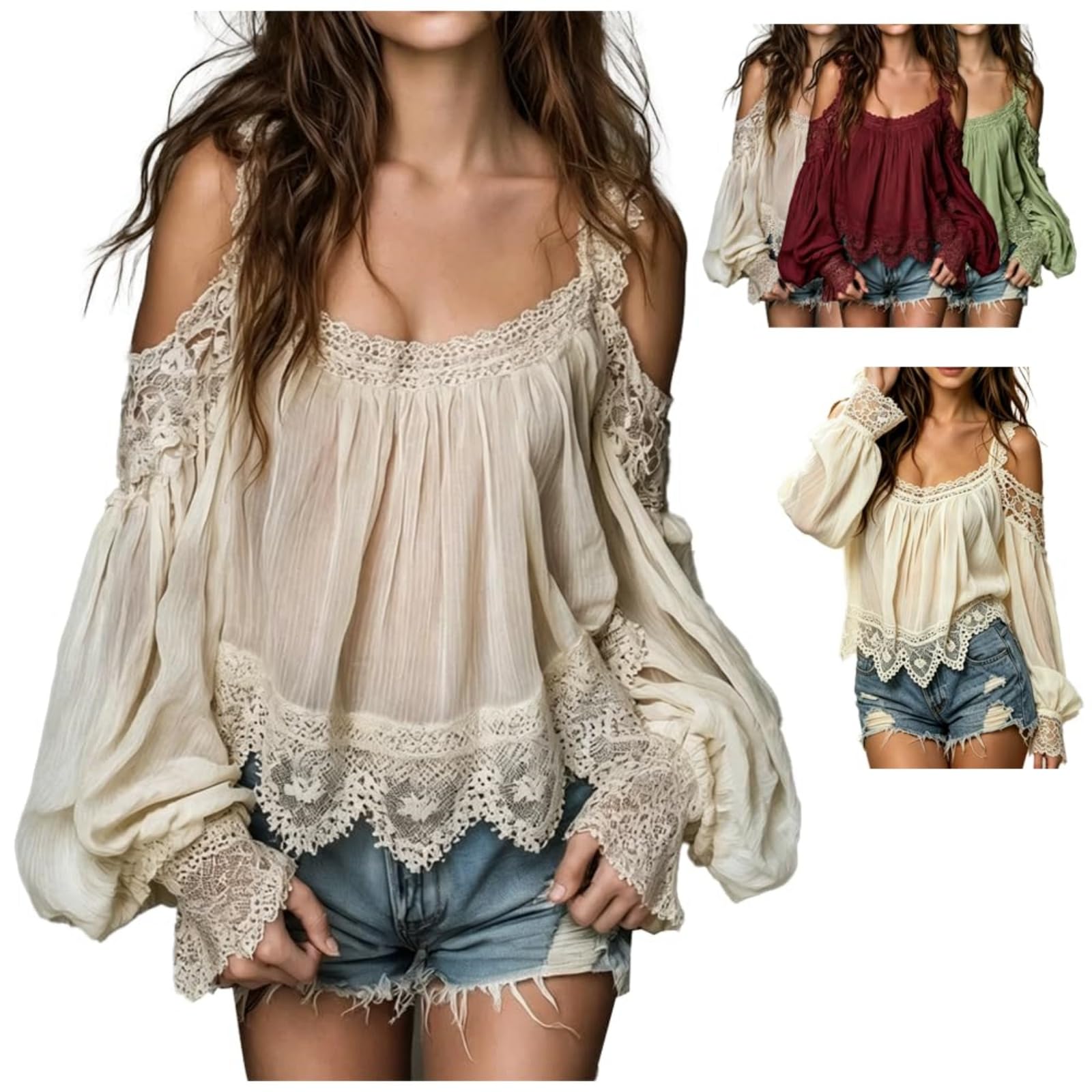Blusa de Mujer con Detalle de Volantes y Mangas abullonadas - Tirantes, Capas, Encaje, Estilo Vintage, Hombros Descubiertos, bajo Irregular, Estilo Bohemio