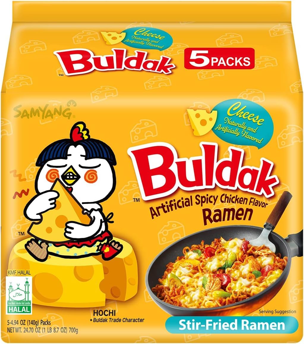 Samyang Buldak Spicy Ramen, en Ramen, Korean Stir-Fried Instant Noodle, Cheese, 1 Bag with 5 Pack