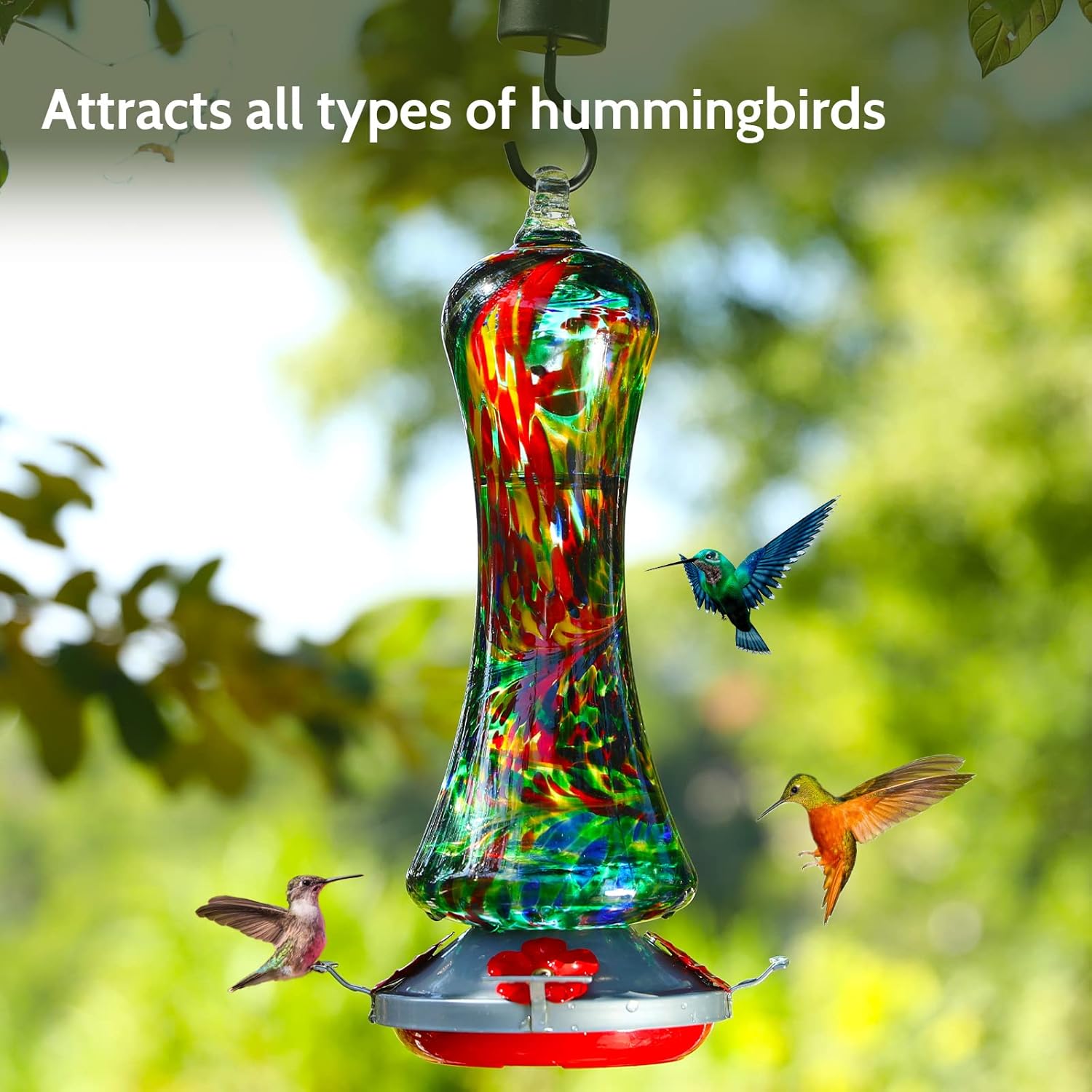 Glass Hummingbird Feeder for Outdoors: Window Hanging Hummingbirds Gifts for Women - Ant Moat Included, Metal Base with 4 Feeding Ports & Perch, Leak Proof, 38 fl.oz, Best Garden Decor
