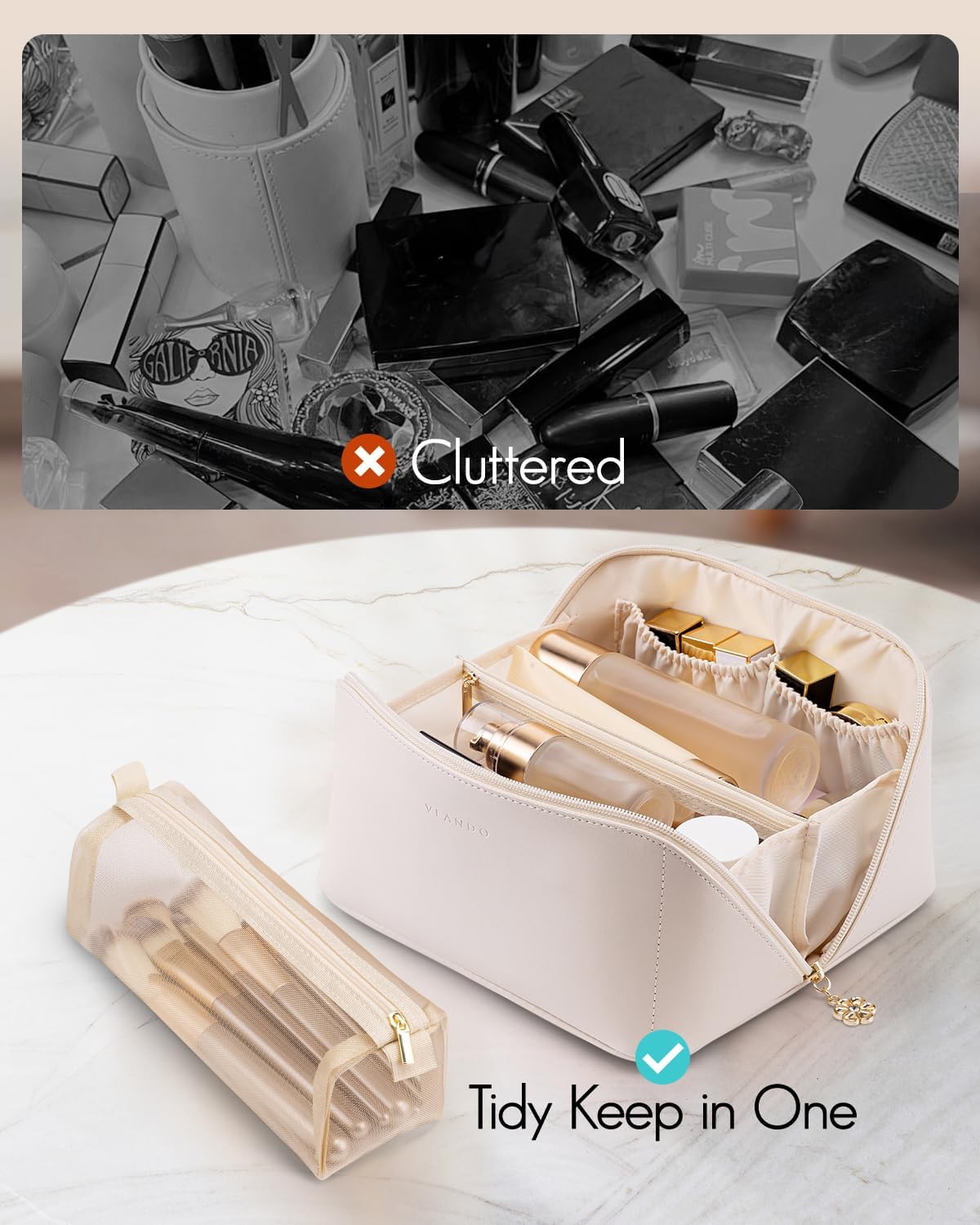 Vlando Travel Makeup Bag,Gifts for Women Large Capacity Toiletry Bag for Women Wide Open Cosmetic Organizer with Divider and Handle(White) - Image 4