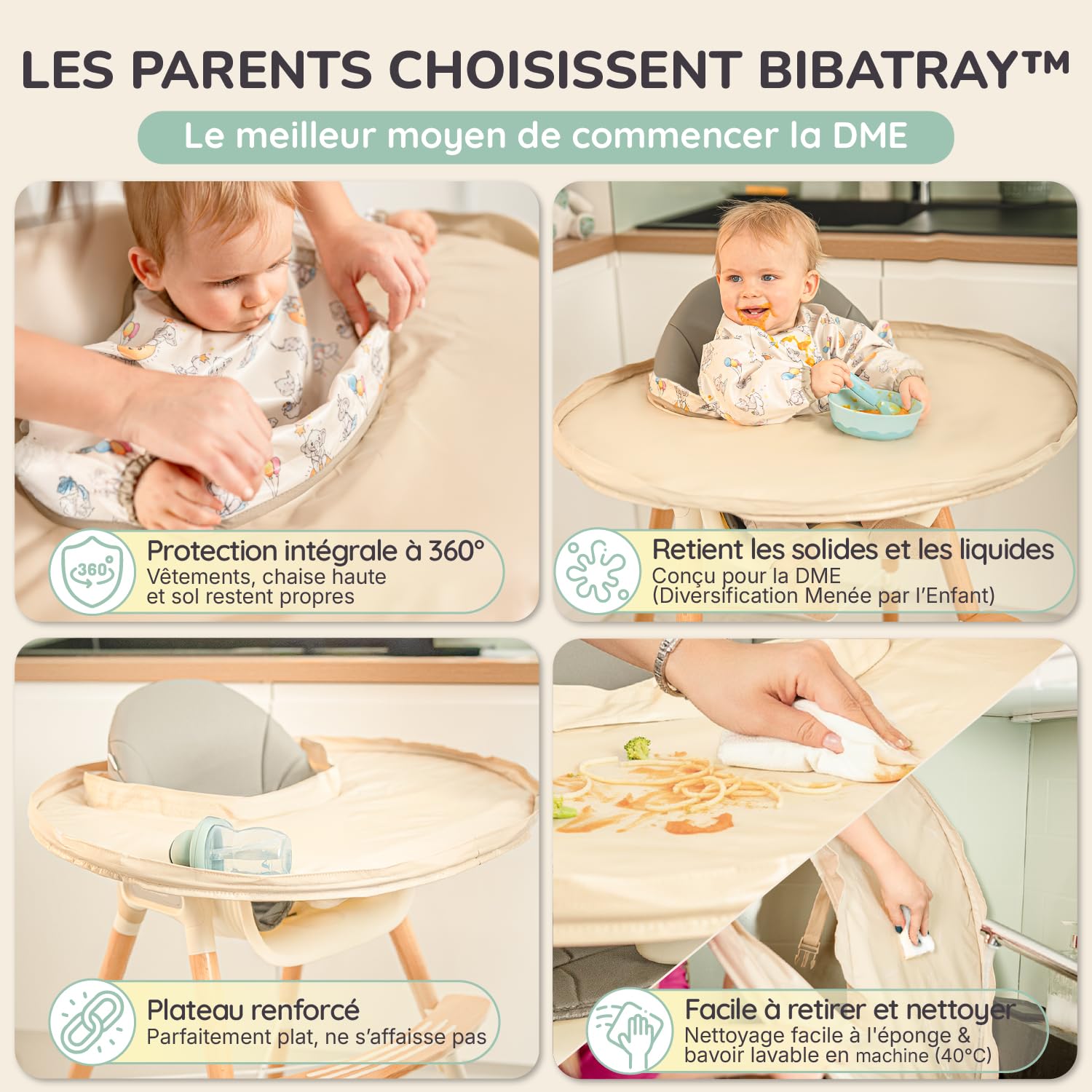 BIBATRAY™ M – Kit Bavoir Plateau DME/BLW & Tablier Manches Longues – Blouse bébé Intégrale Imperméable – Protection Chaise Haute Universelle + Sac Zippé – Compatible IKEA Antilop – 6 Mois+